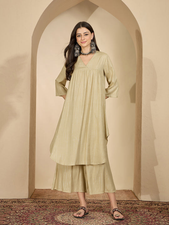 Beige Lurex V Neck Kurta Set
