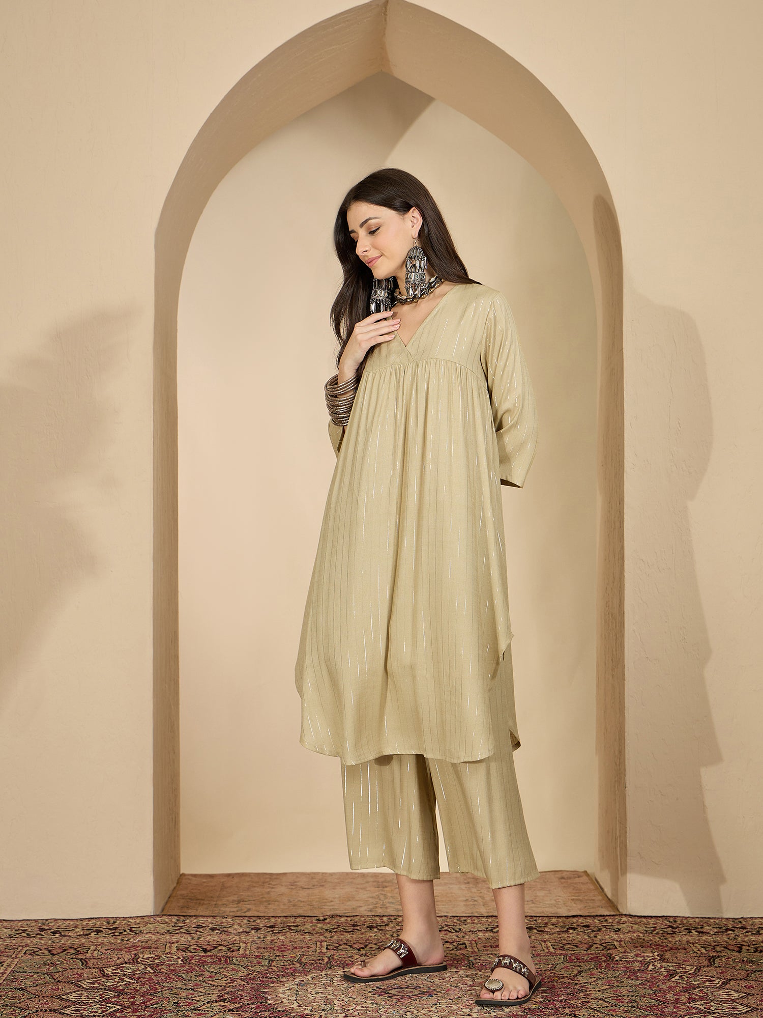 Beige Lurex V Neck Kurta Set