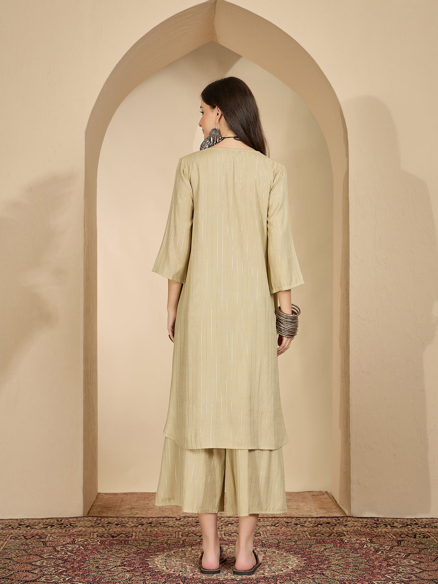 Beige Lurex V Neck Kurta Set