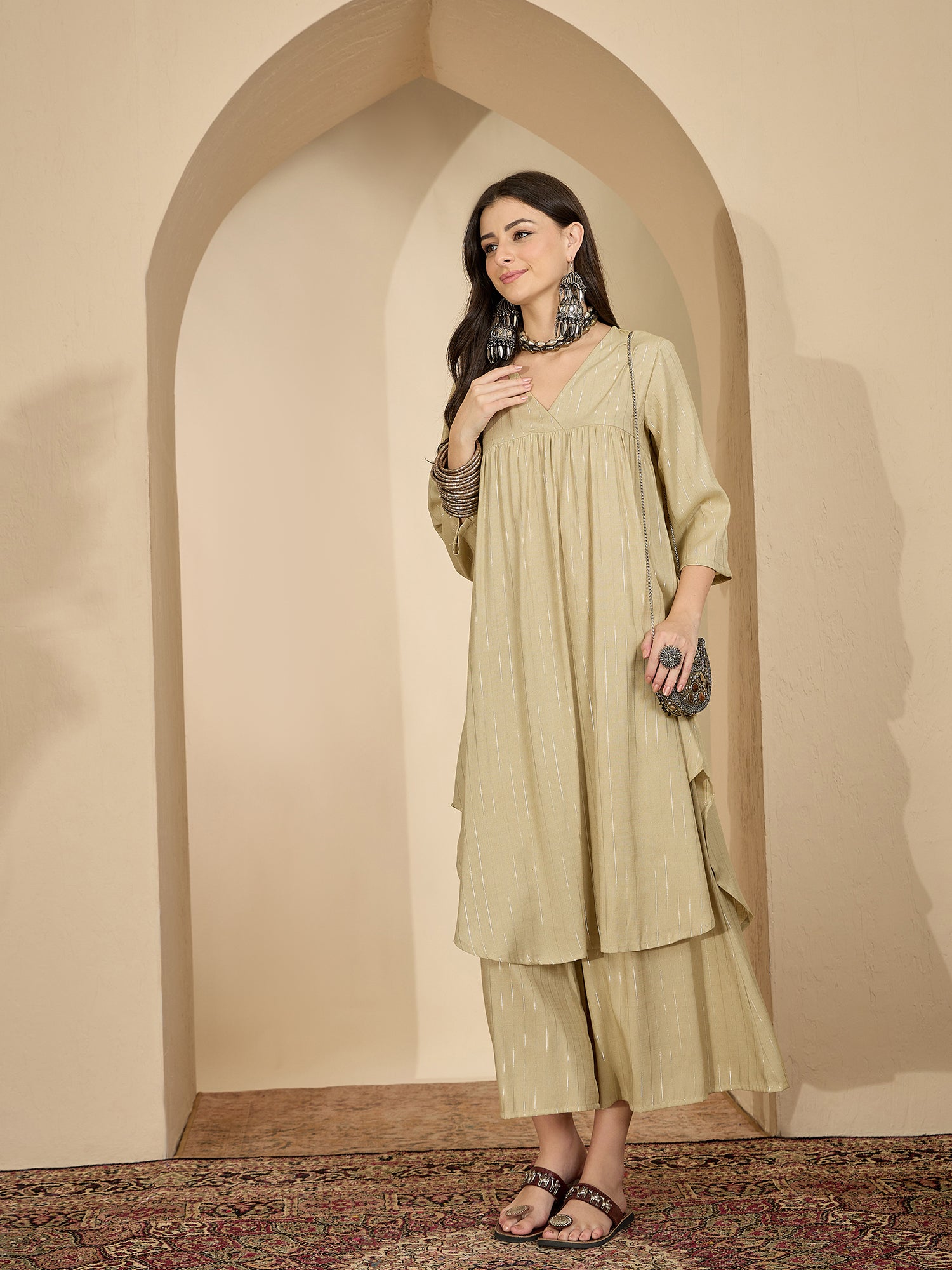 Beige Lurex V Neck Kurta Set
