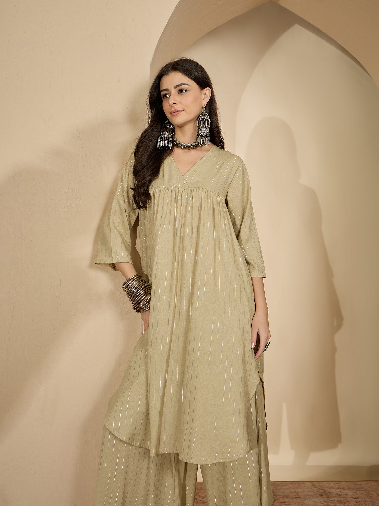 Beige Lurex V Neck Kurta Set