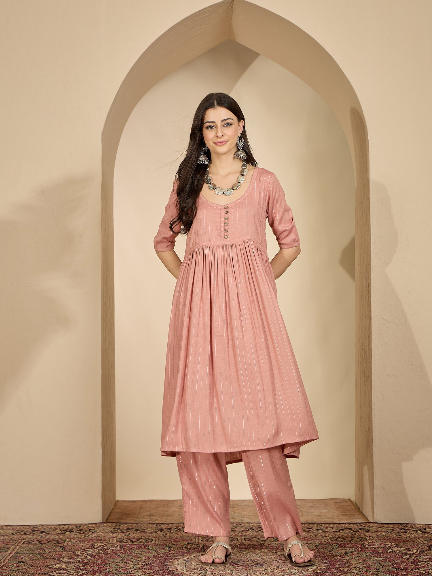 Pastel Coral Lurex U Neck Kurta Set