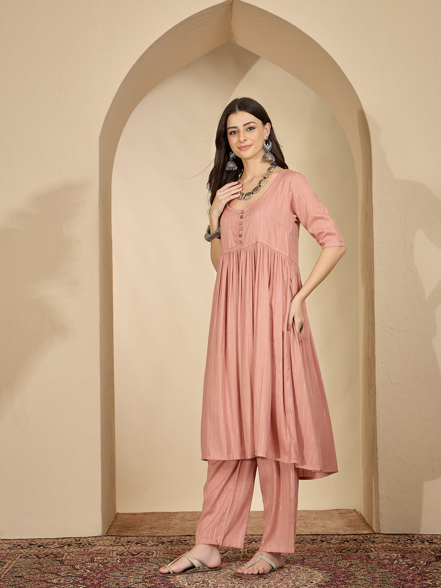 Pastel Coral Lurex U Neck Kurta Set