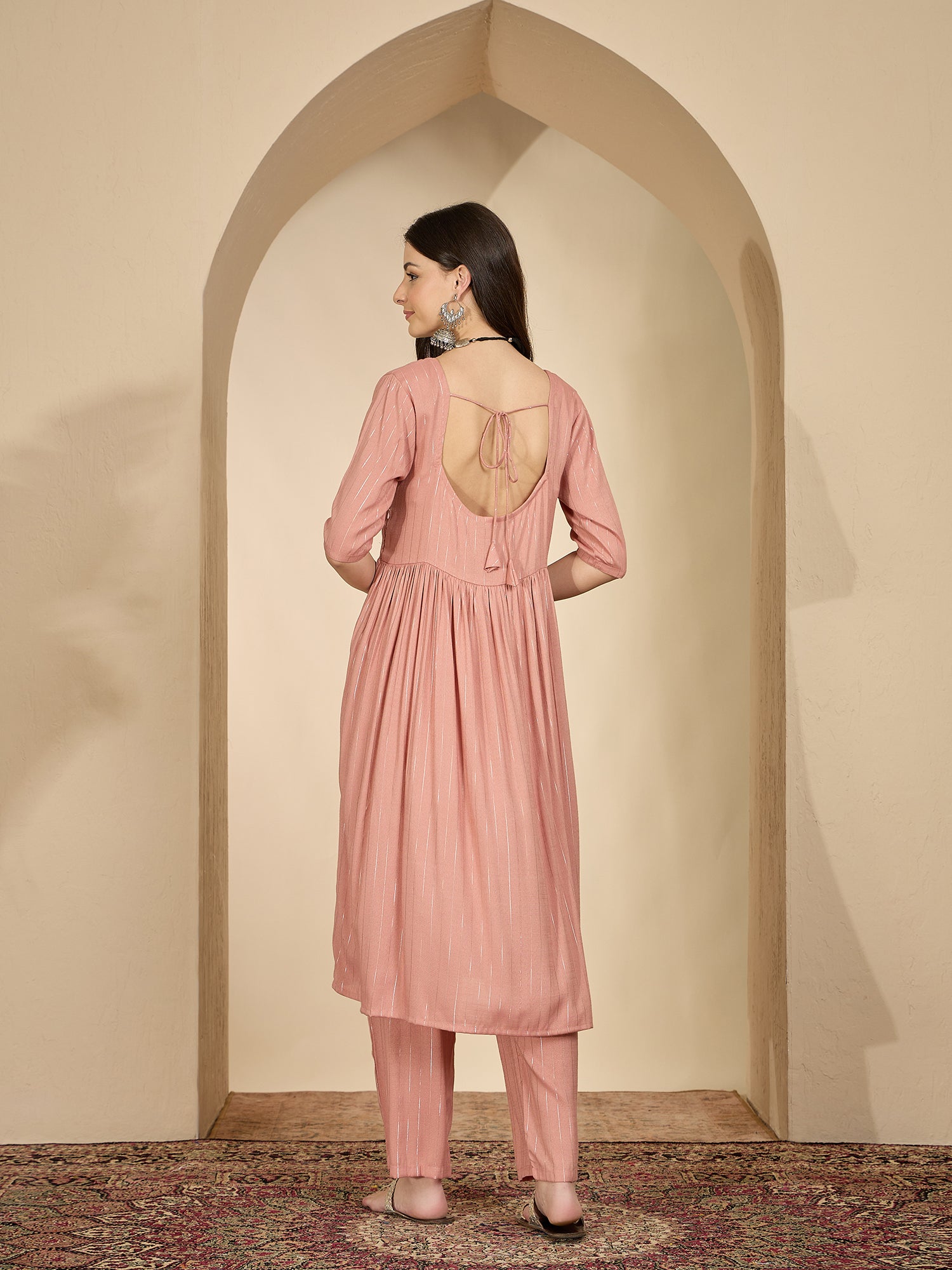 Pastel Coral Lurex U Neck Kurta Set