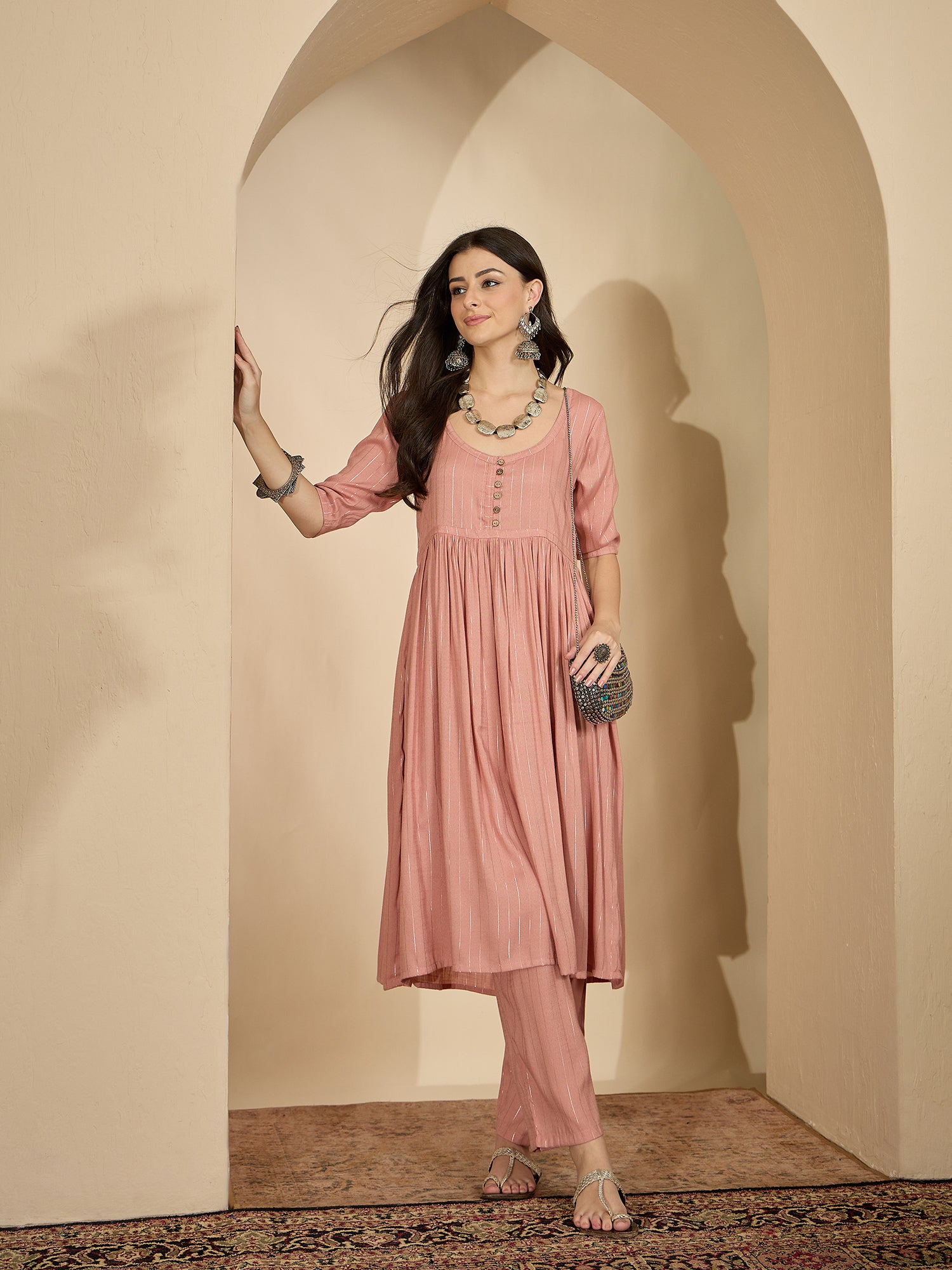 Pastel Coral Lurex U Neck Kurta Set