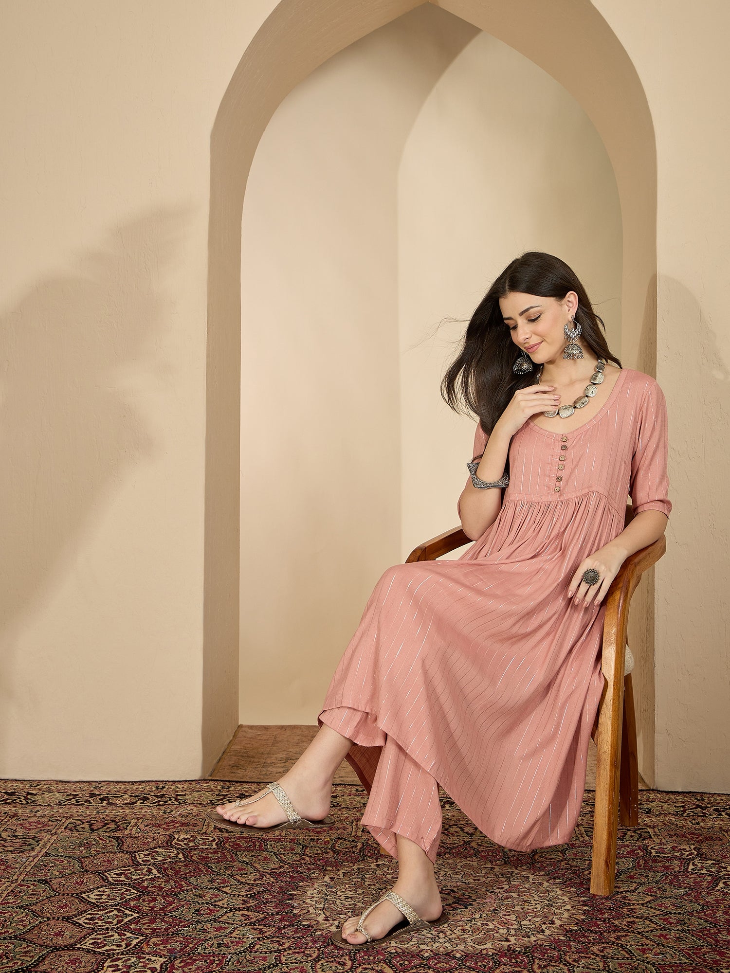 Pastel Coral Lurex U Neck Kurta Set