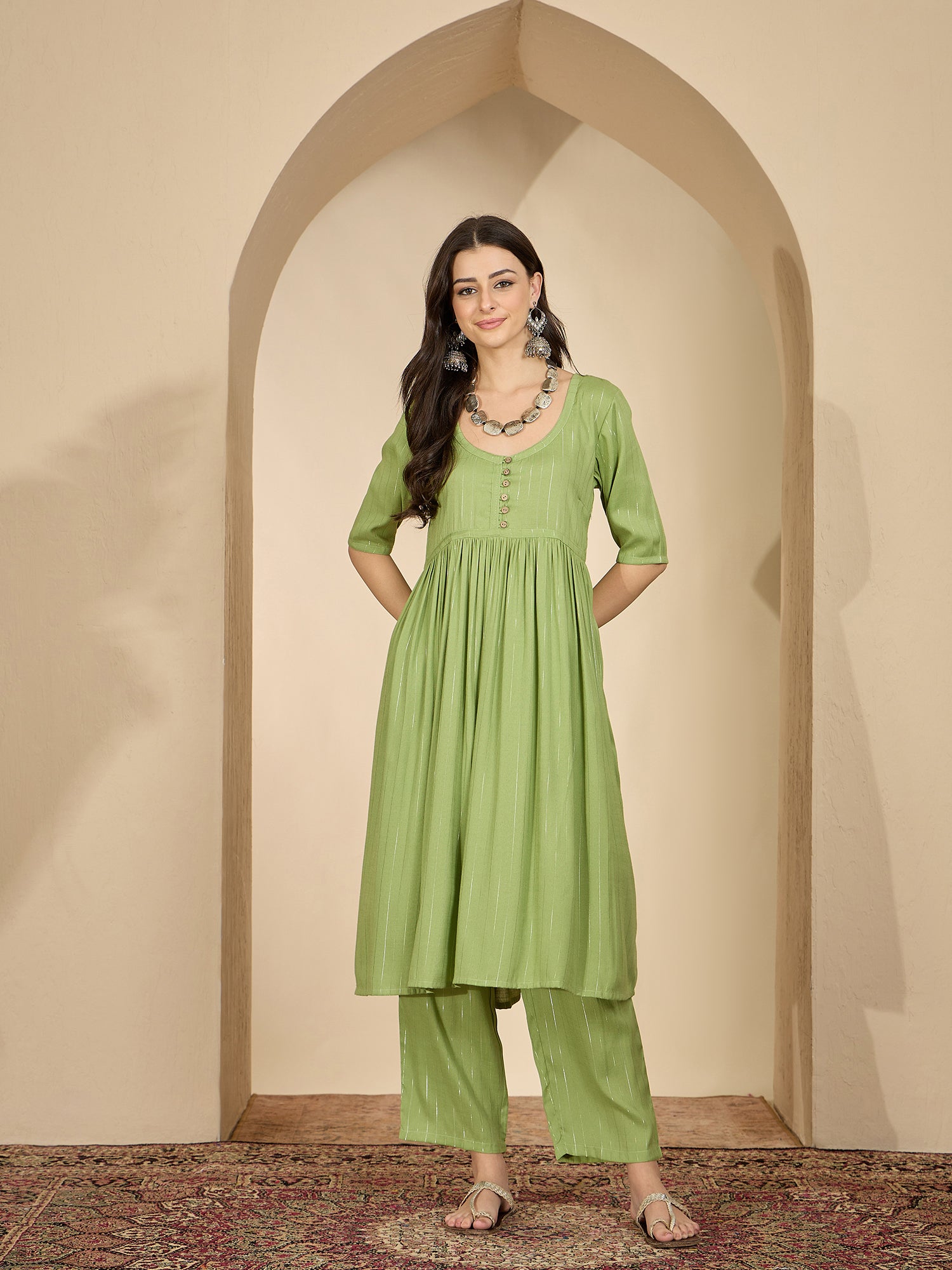 Sheen Green Lurex U Neck Kurta Set