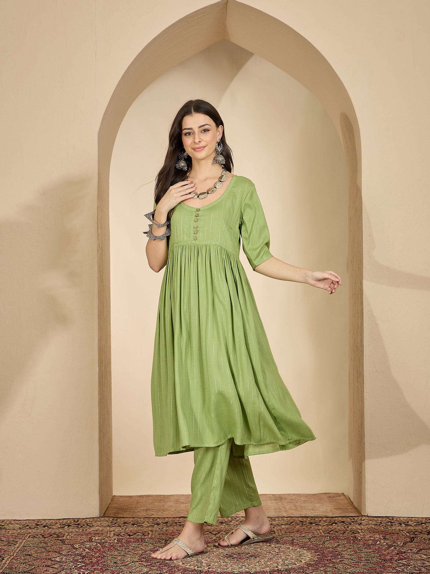Sheen Green Lurex U Neck Kurta Set