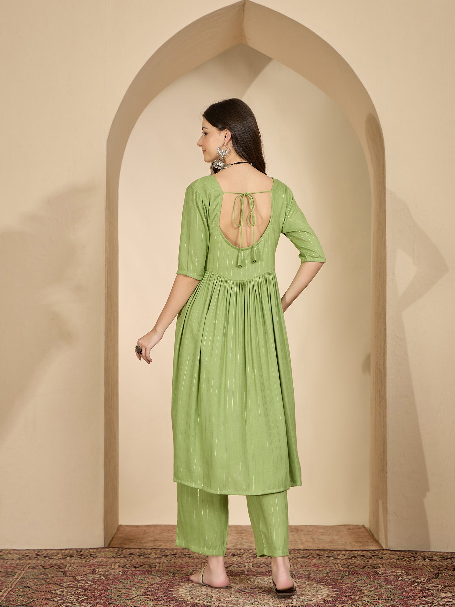 Sheen Green Lurex U Neck Kurta Set