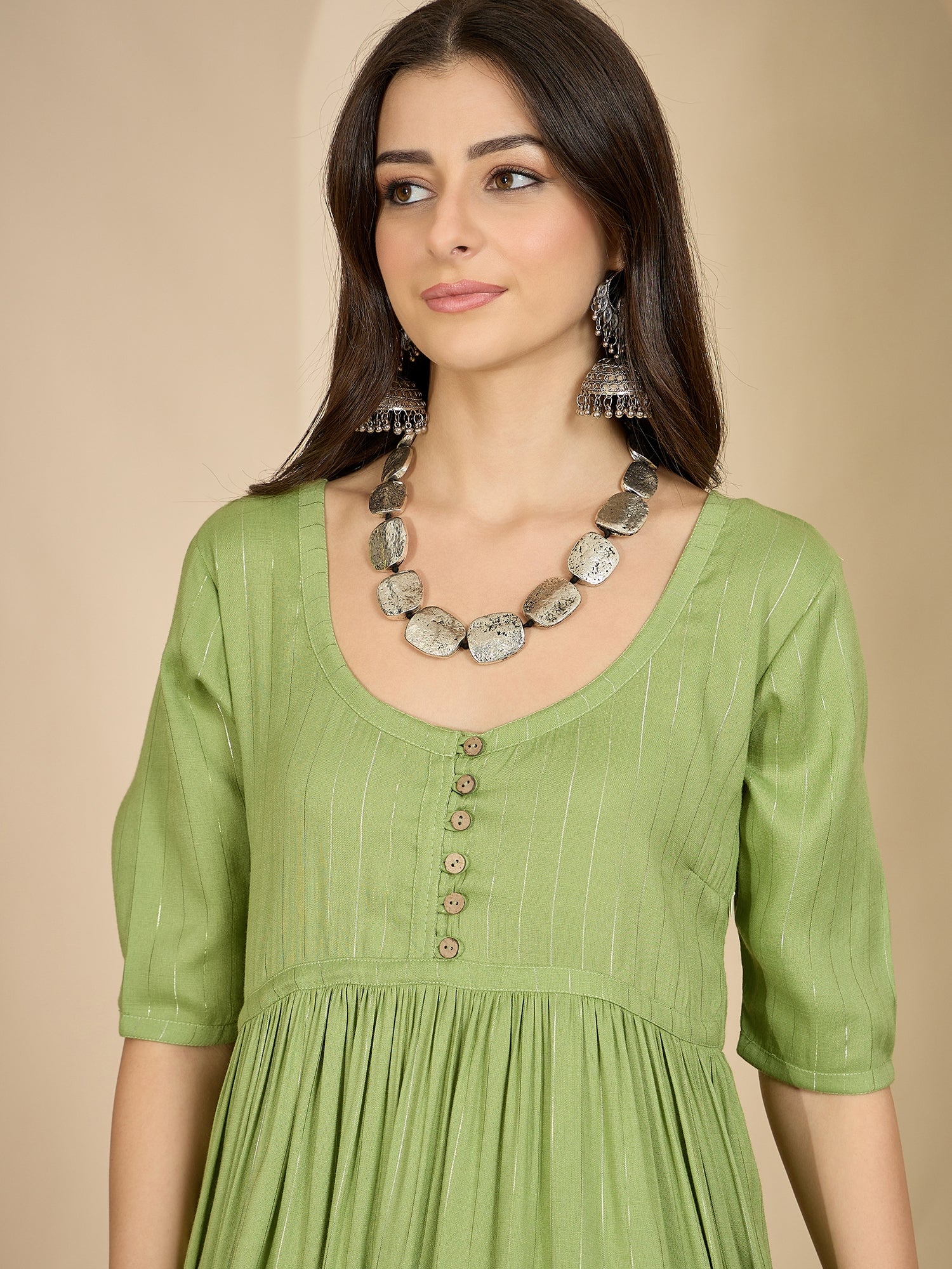 Sheen Green Lurex U Neck Kurta Set