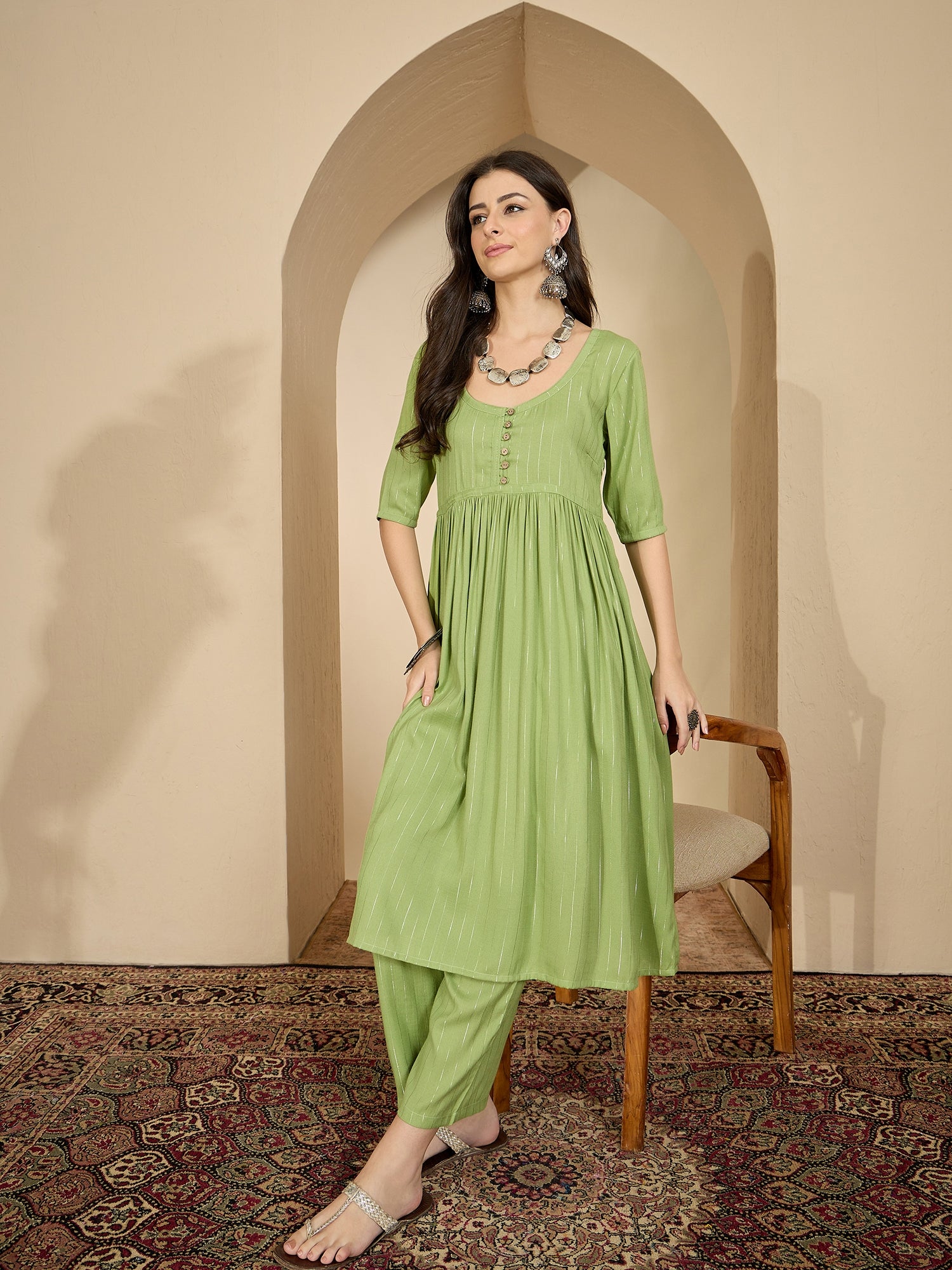 Sheen Green Lurex U Neck Kurta Set