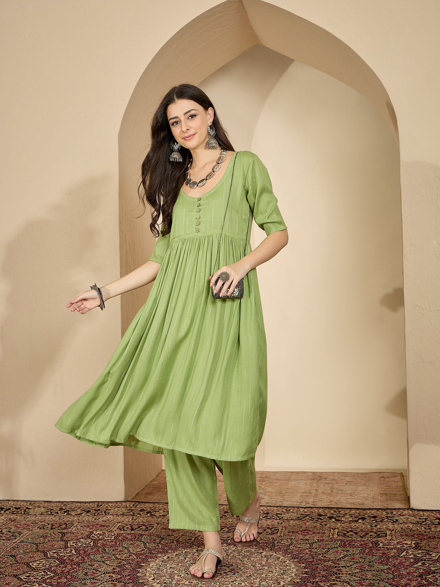 Sheen Green Lurex U Neck Kurta Set