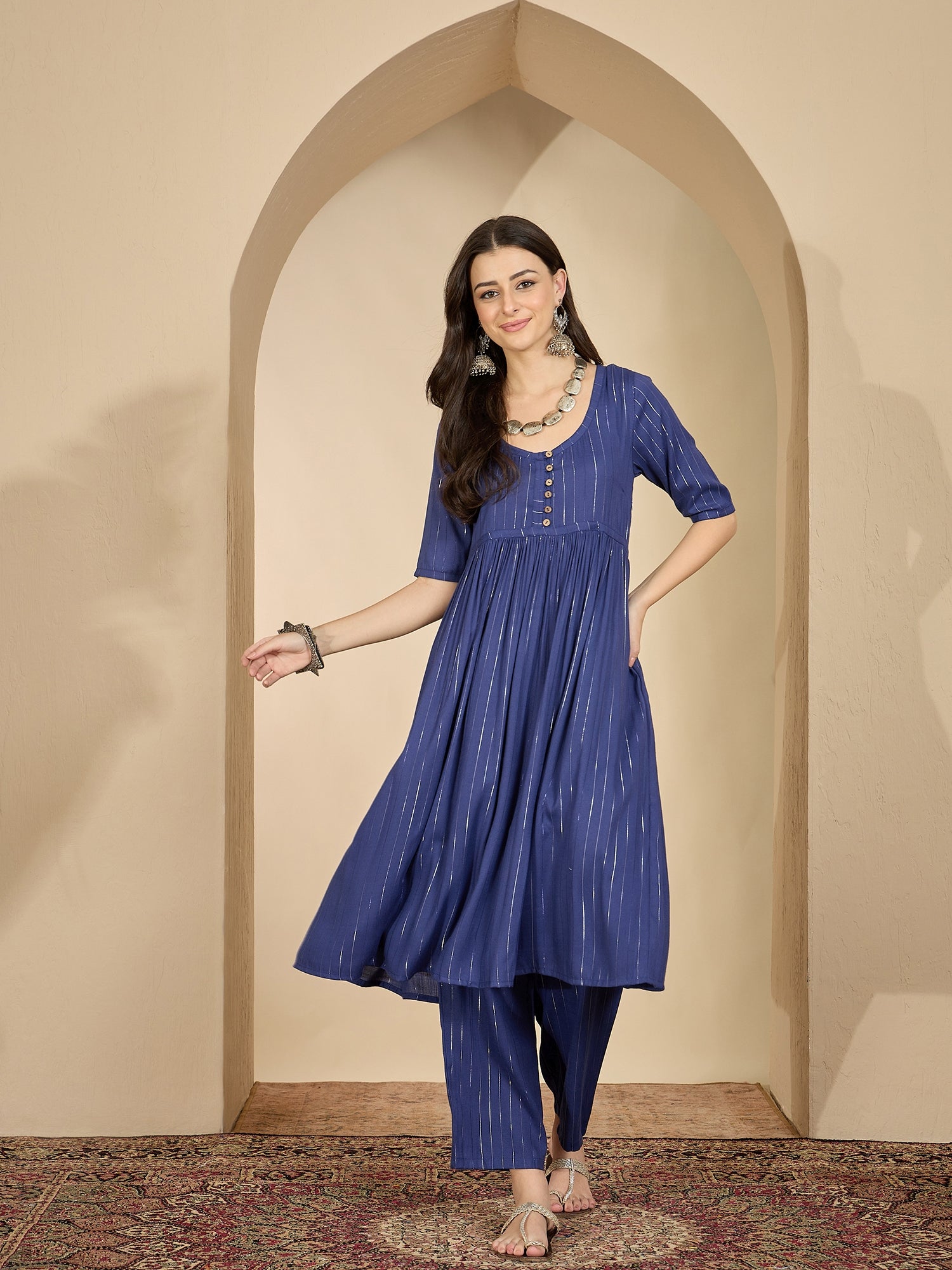 Royal Blue Lurex U Neck Kurta Set
