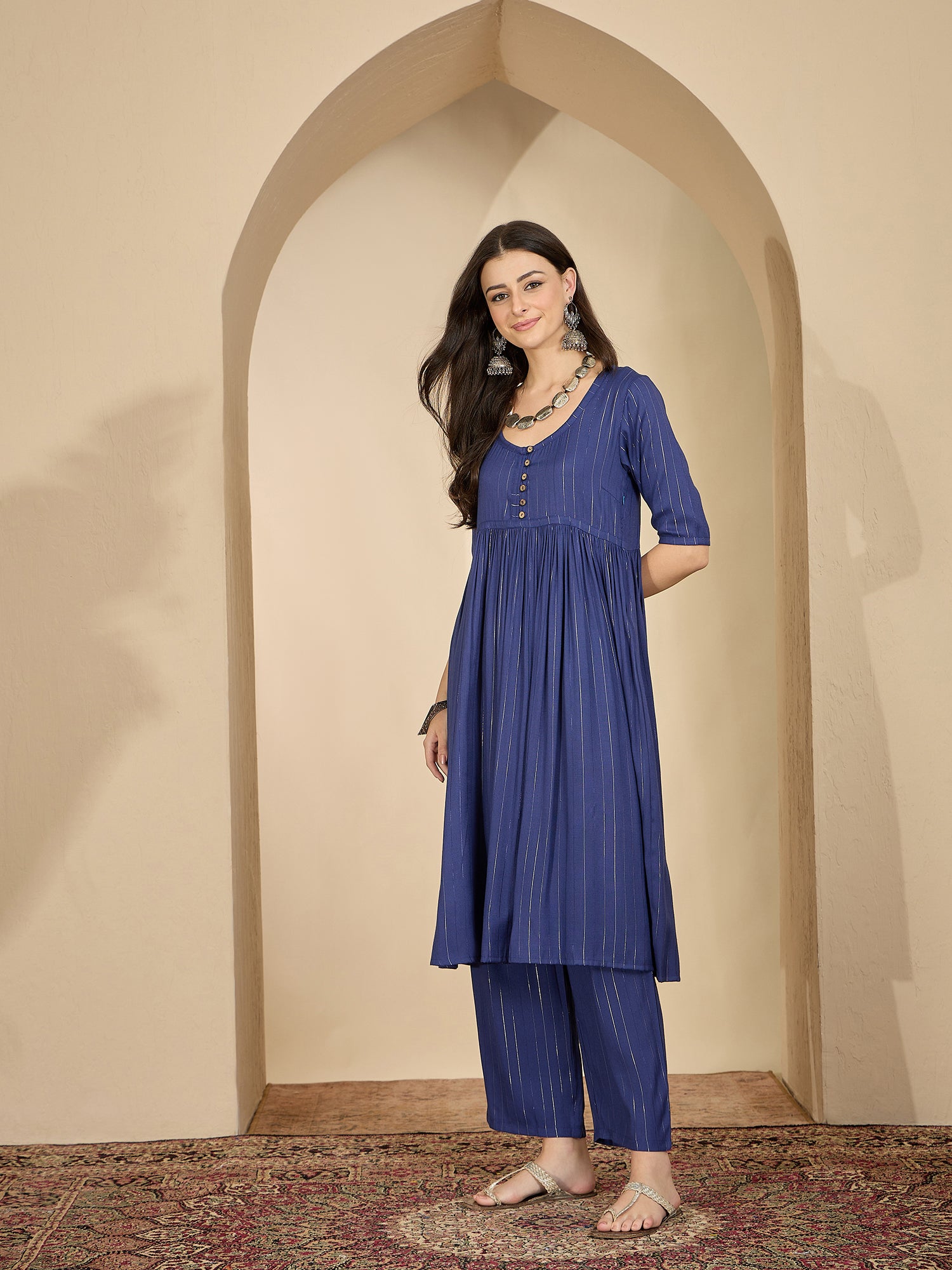 Royal Blue Lurex U Neck Kurta Set