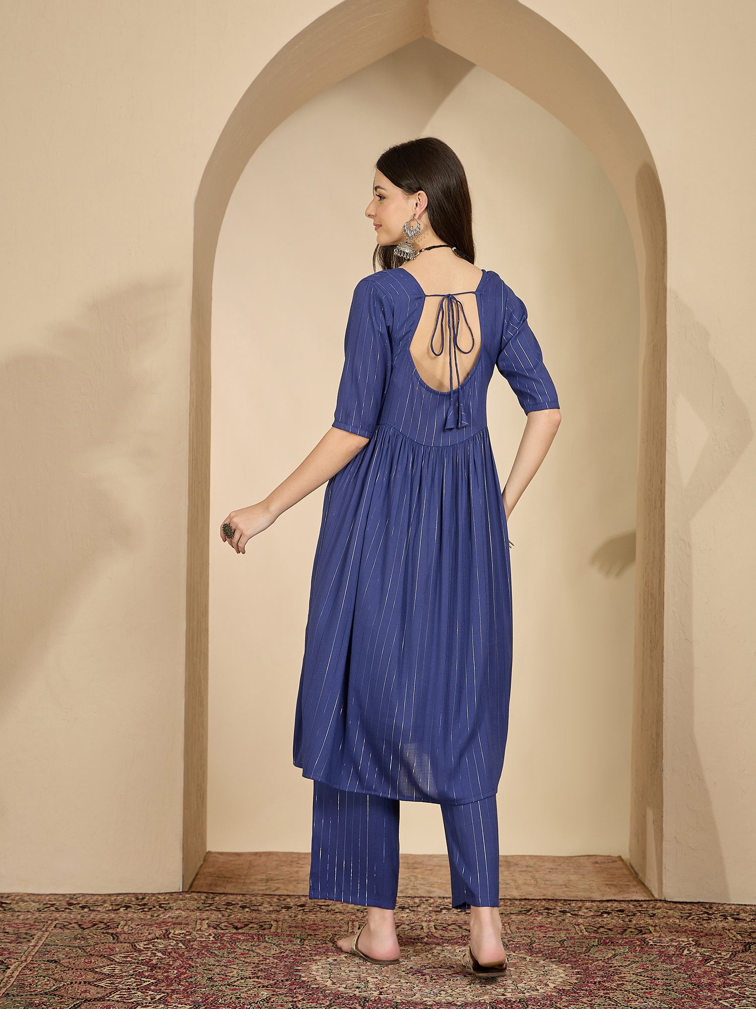 Royal Blue Lurex U Neck Kurta Set