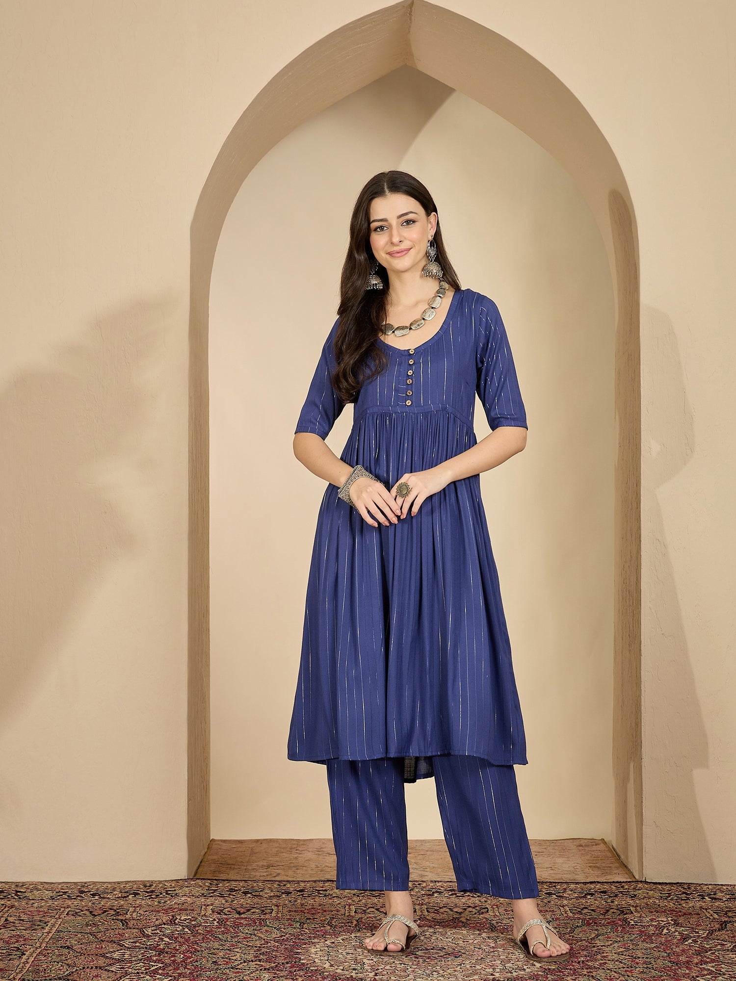 Royal Blue Lurex U Neck Kurta Set