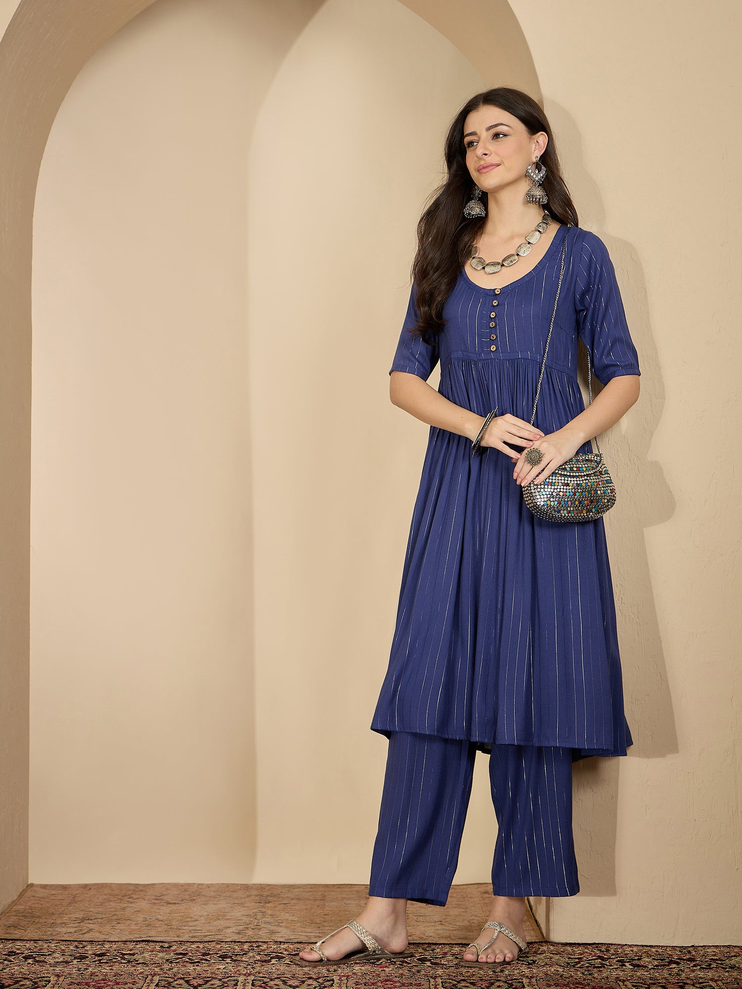 Royal Blue Lurex U Neck Kurta Set