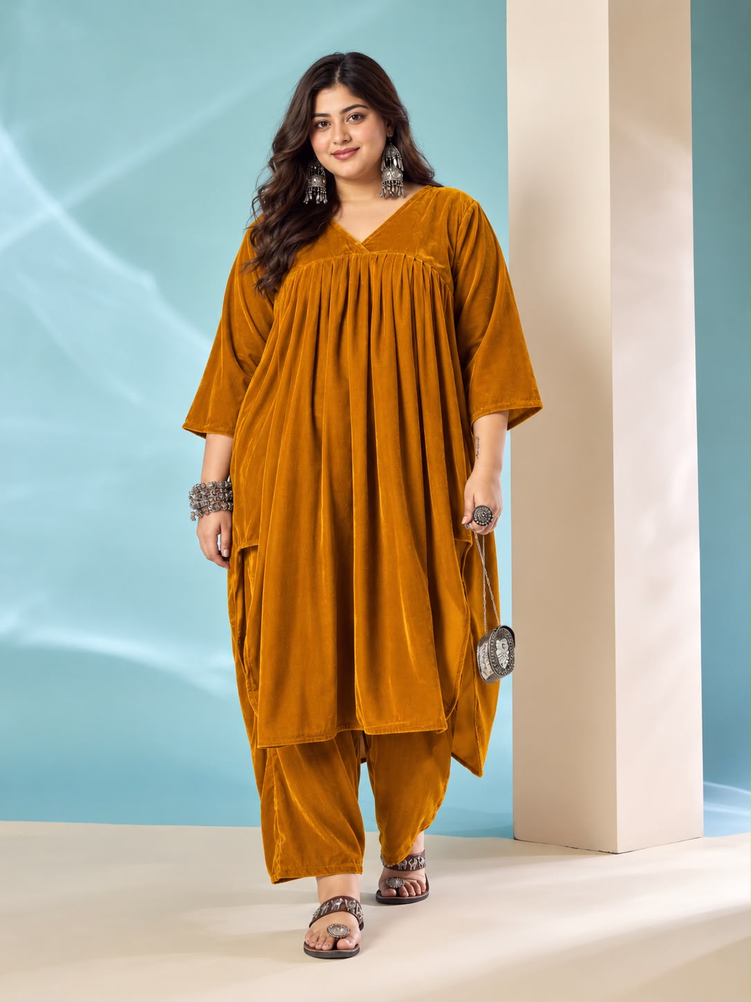 Marigold Velvet Flared Kurta Set