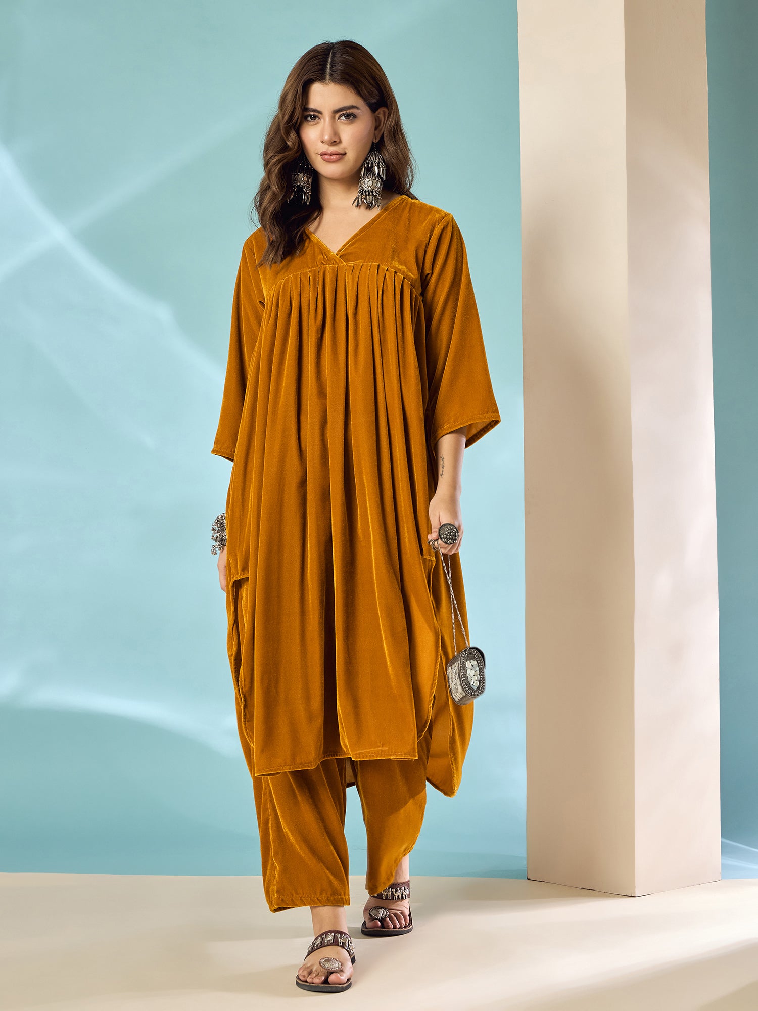 Marigold Velvet Flared Kurta Set
