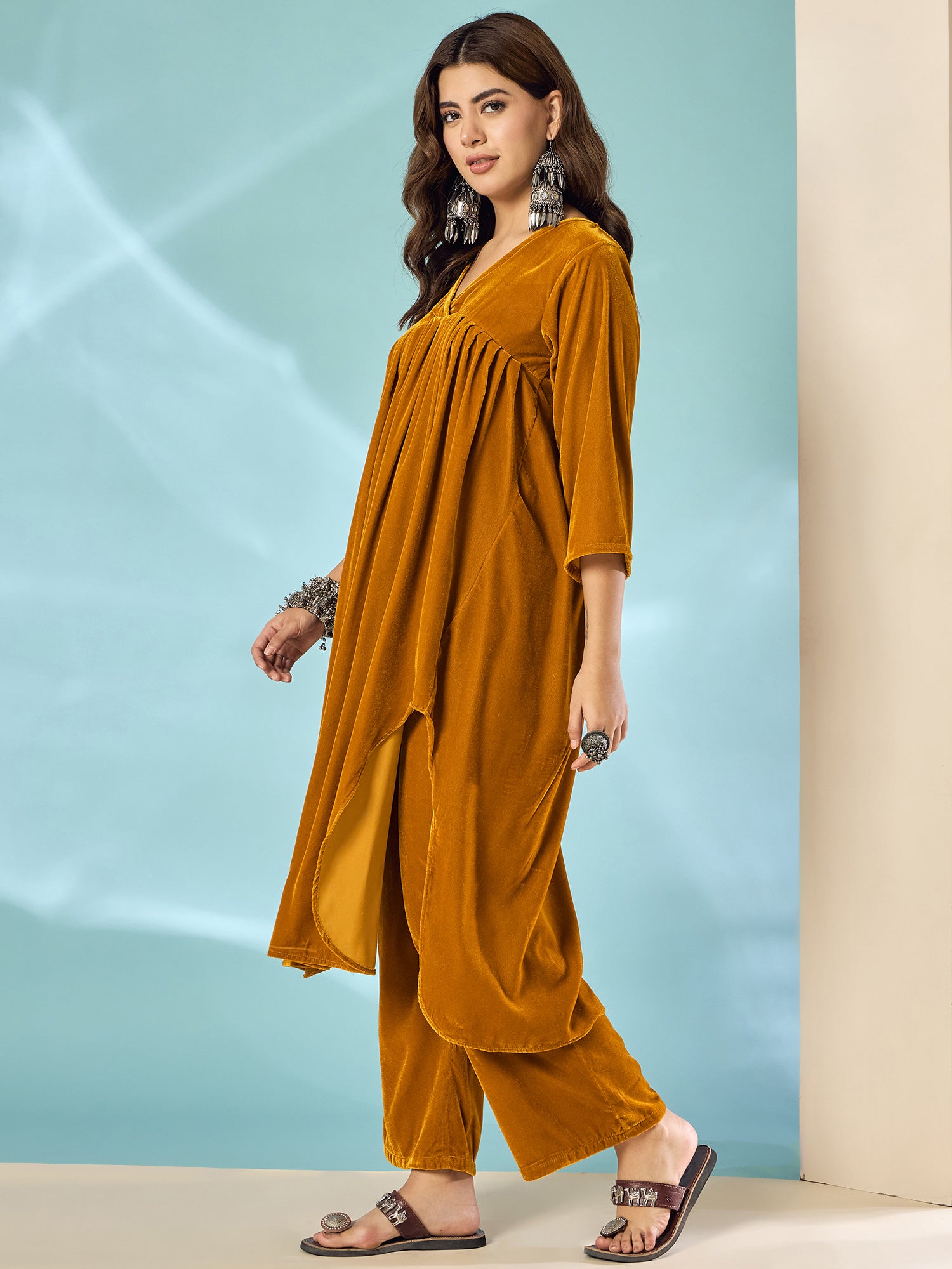Marigold Velvet Flared Kurta Set