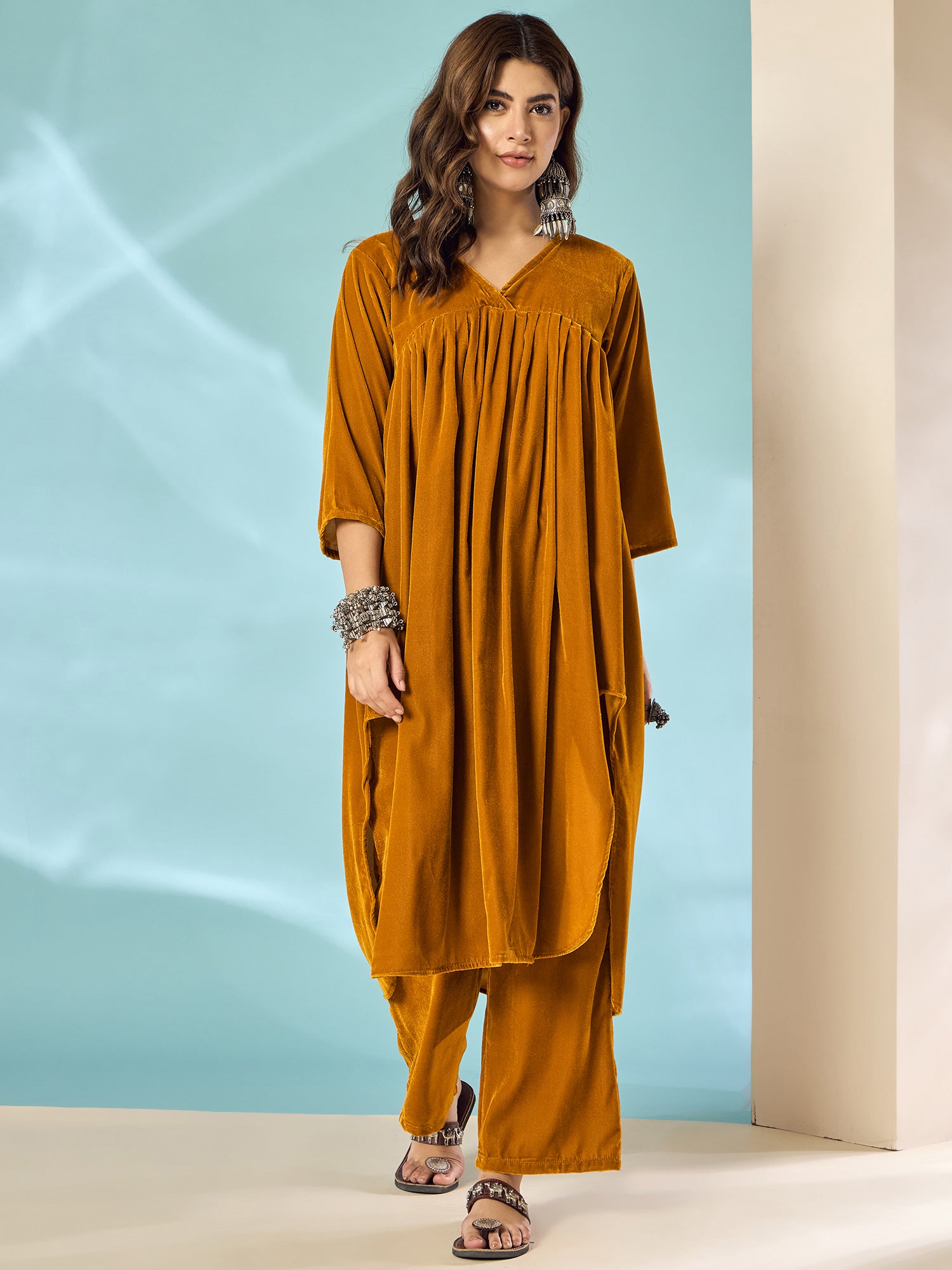 Marigold Velvet Flared Kurta Set