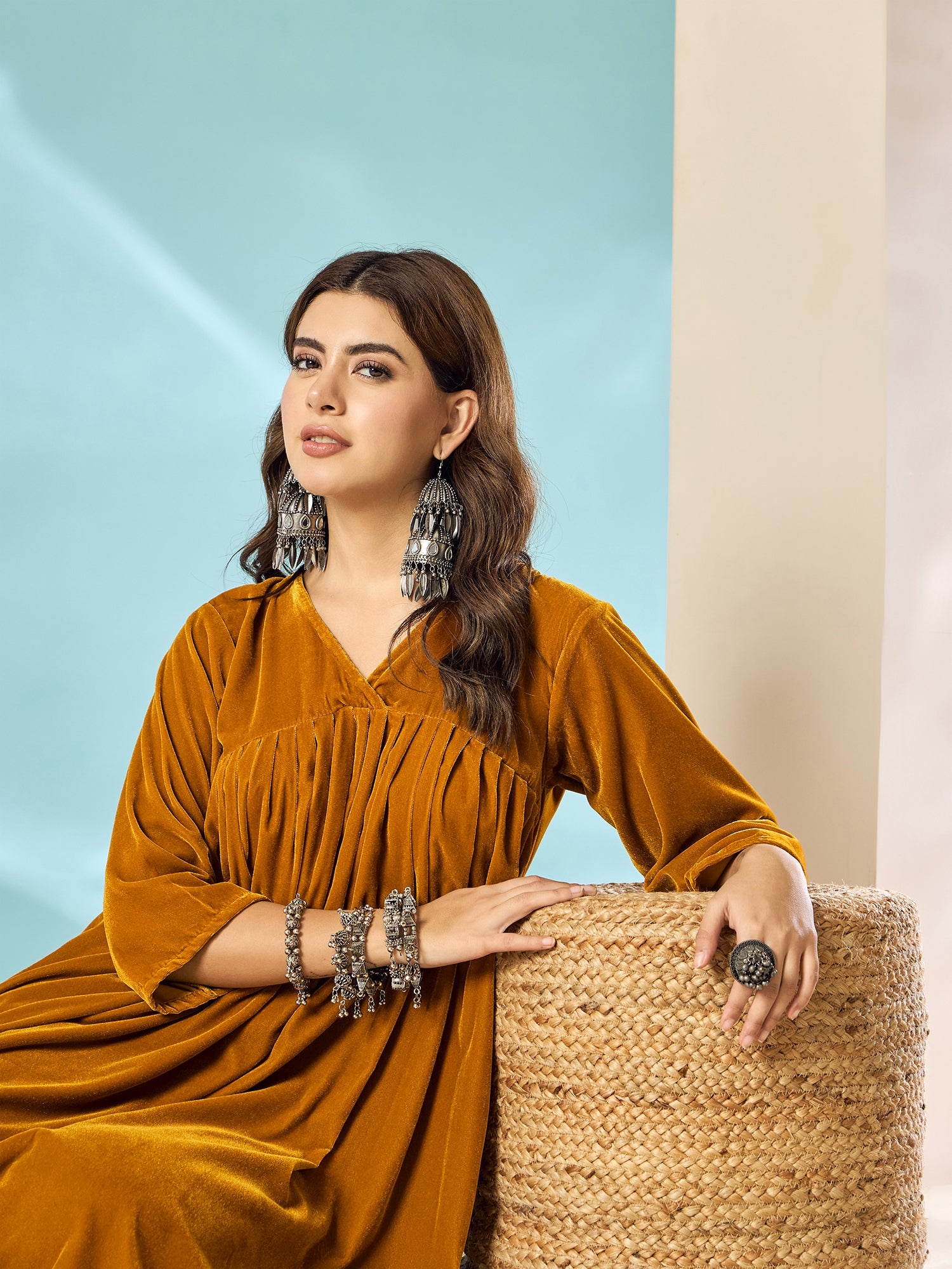 Marigold Velvet Flared Kurta Set