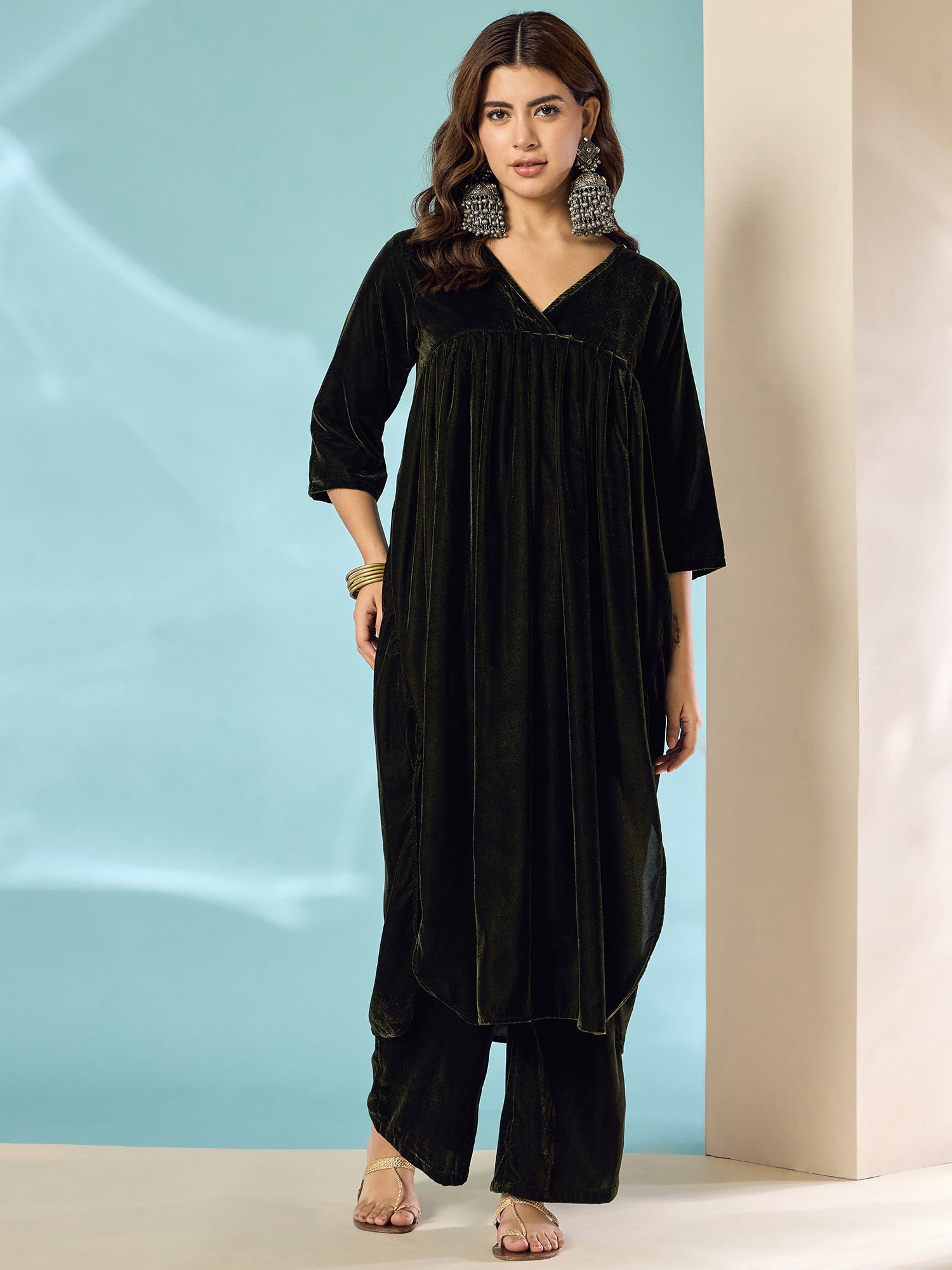 Mehandi Green Velvet Flared Kurta Set