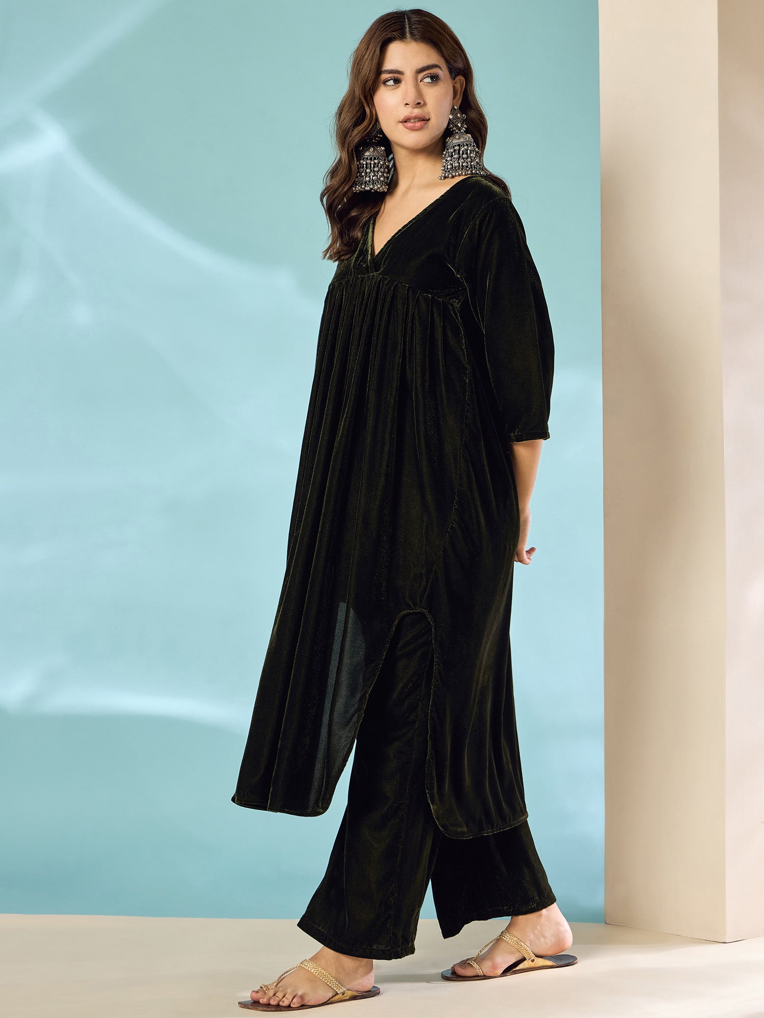 Mehandi Green Velvet Flared Kurta Set