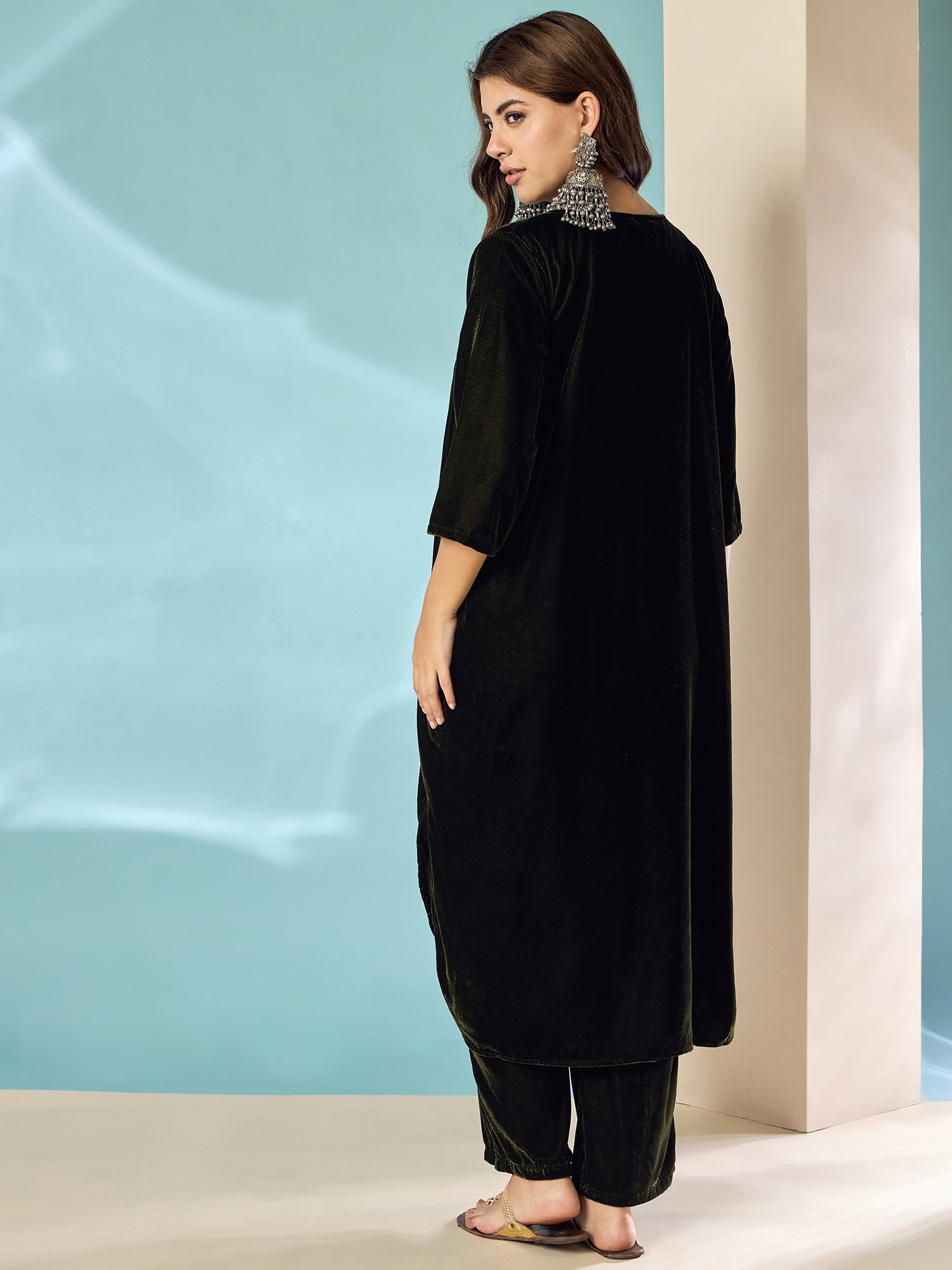 Mehandi Green Velvet Flared Kurta Set