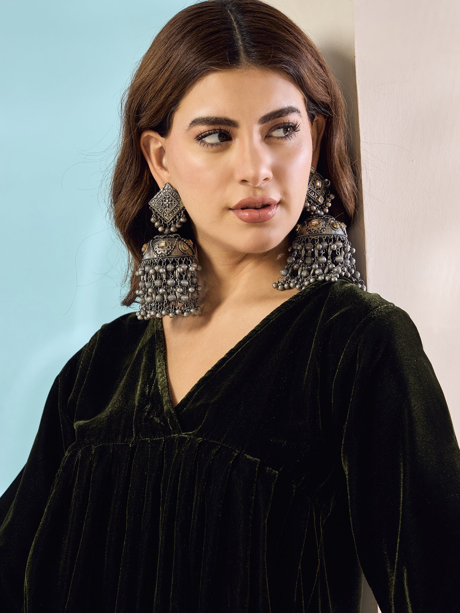 Mehandi Green Velvet Flared Kurta Set