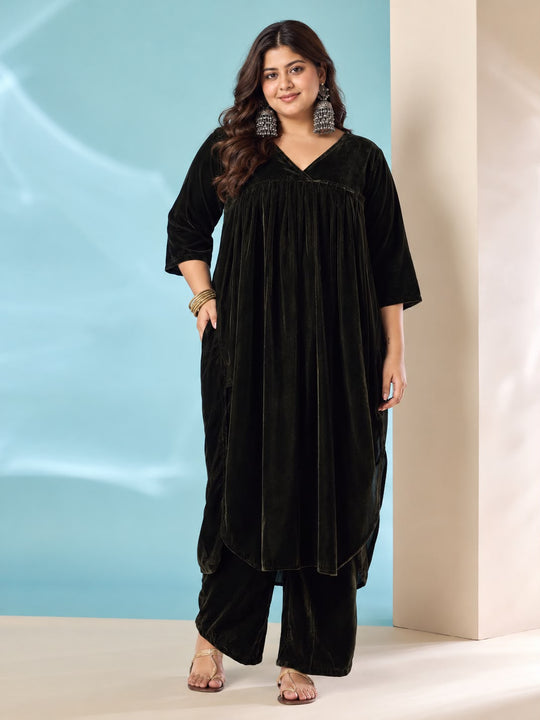 Mehandi Green Velvet Flared Kurta Set