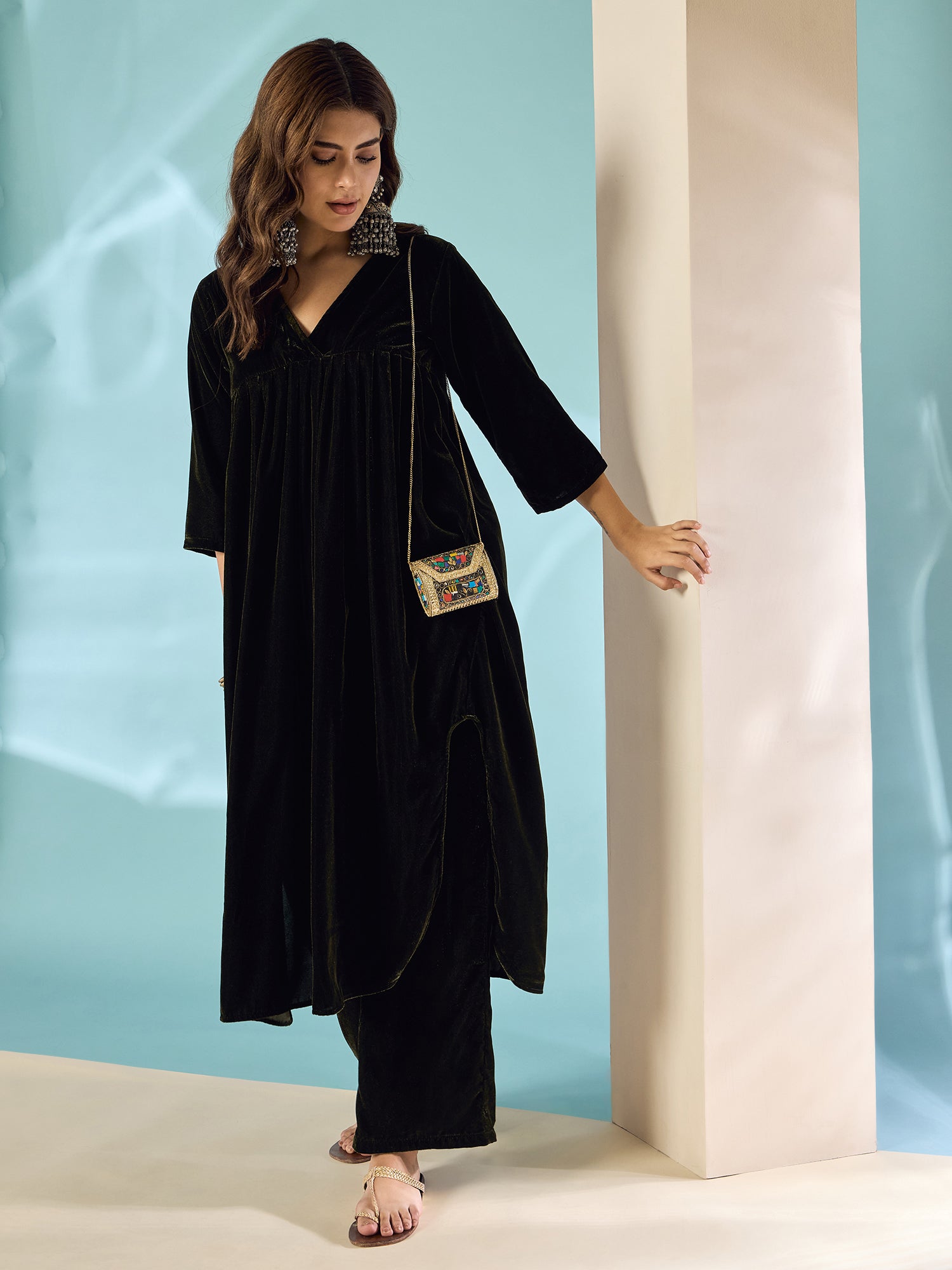 Mehandi Green Velvet Flared Kurta Set