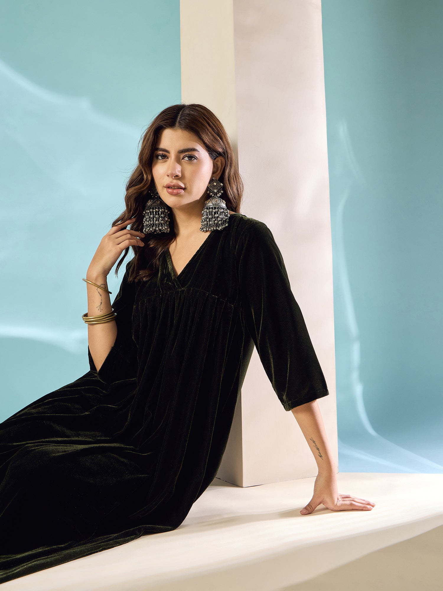 Mehandi Green Velvet Flared Kurta Set