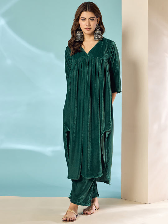 Teal Green Velvet Flared Kurta Set