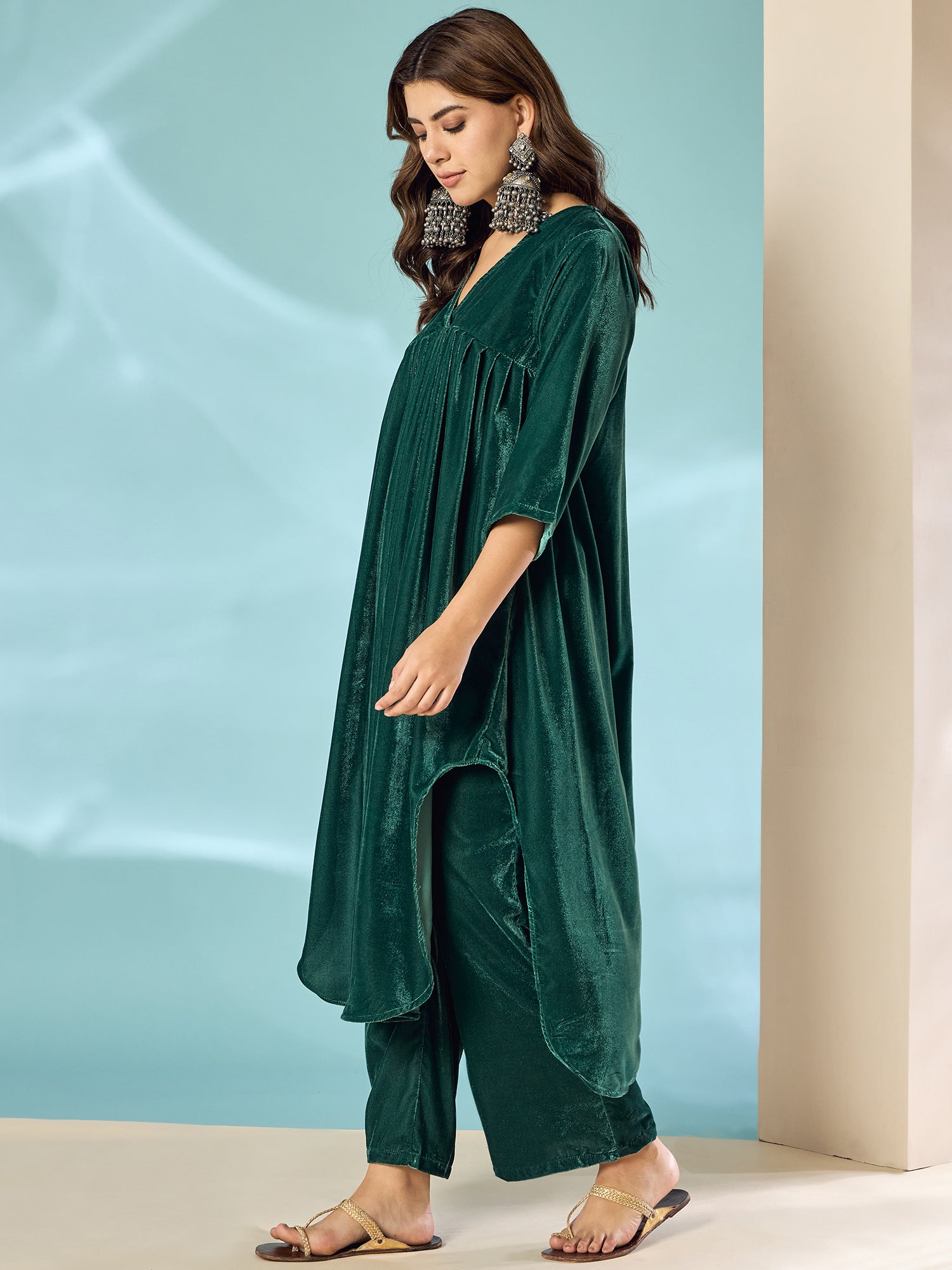 Teal Green Velvet Flared Kurta Set