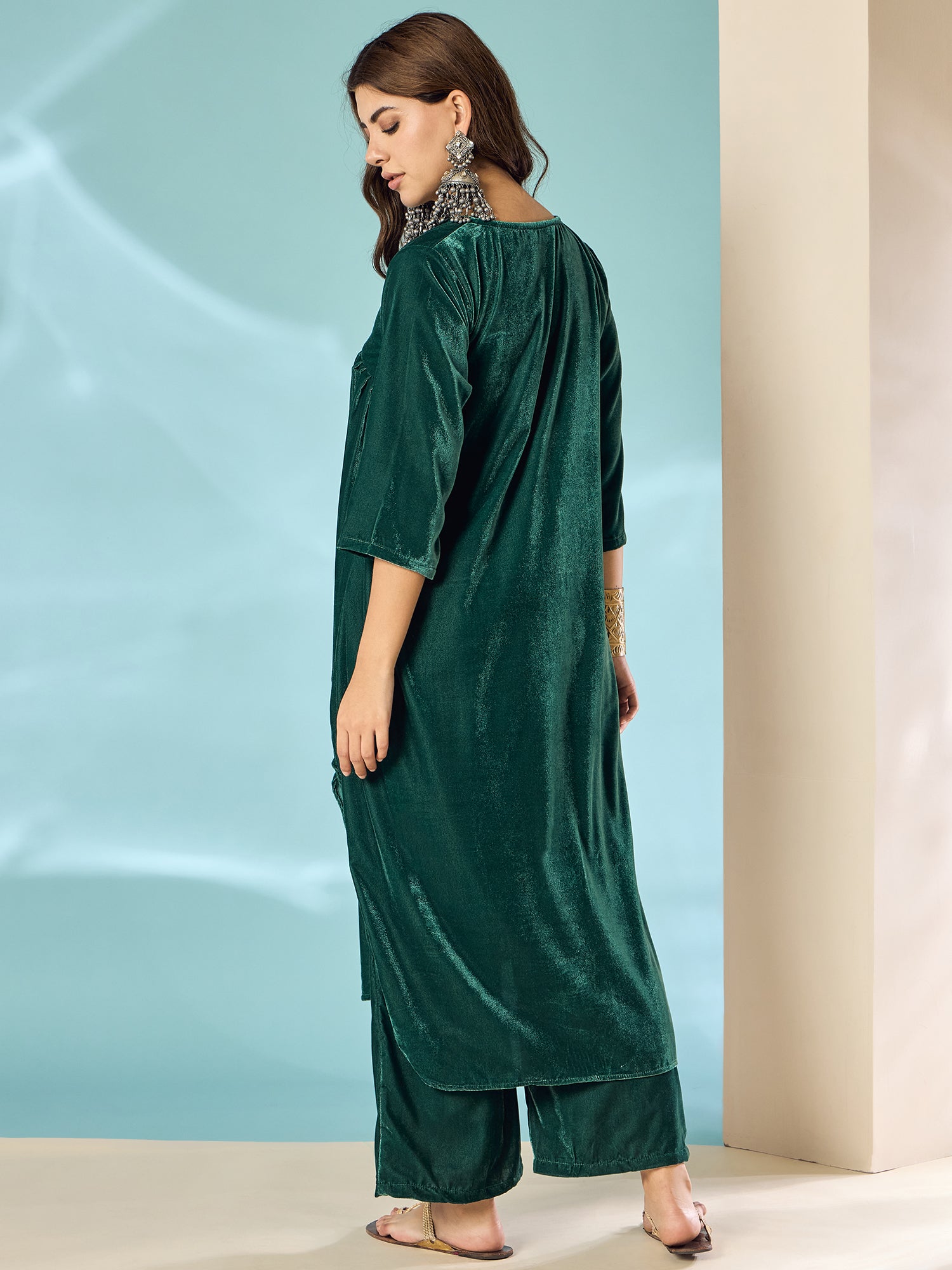Teal Green Velvet Flared Kurta Set