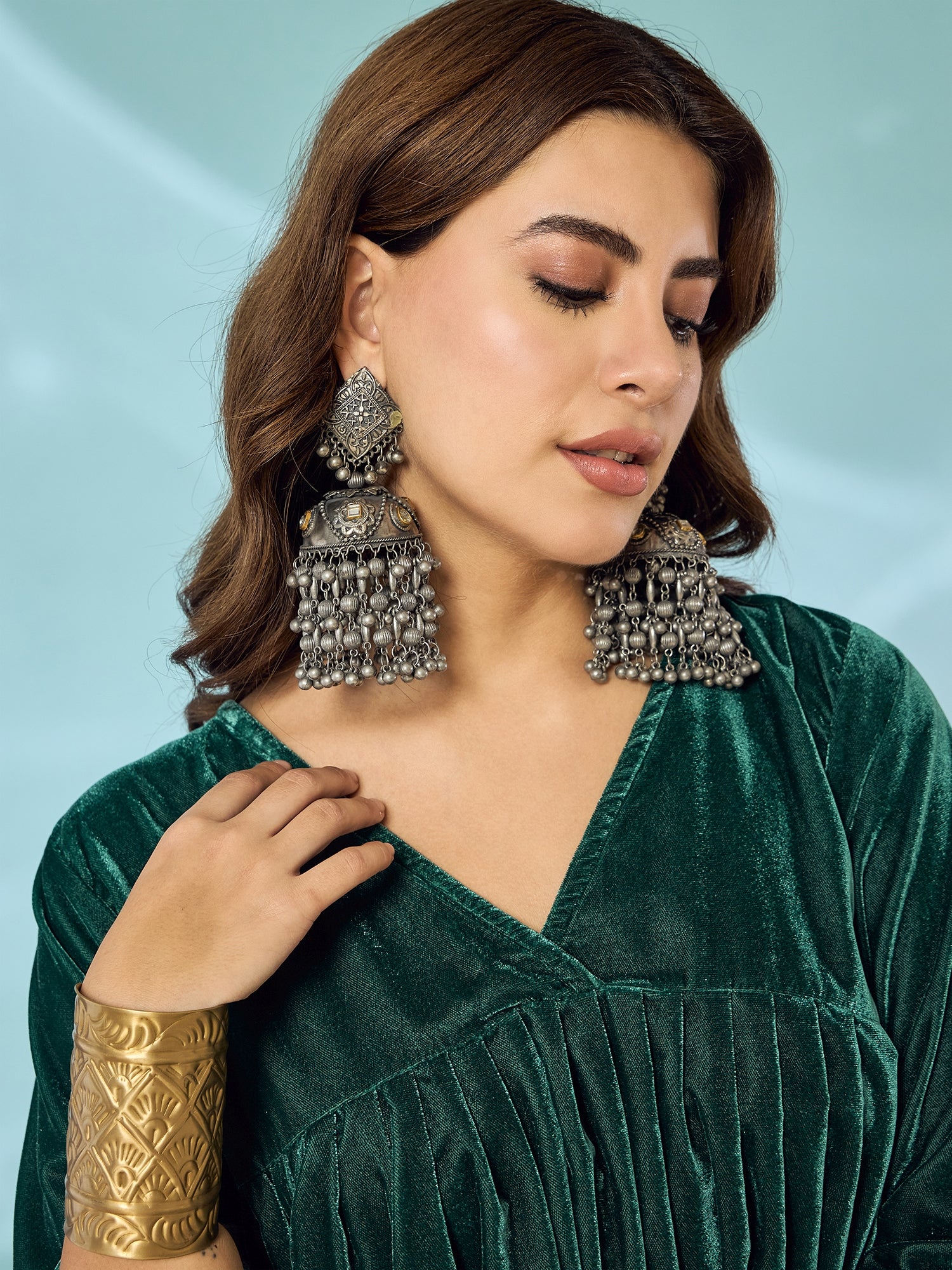 Teal Green Velvet Flared Kurta Set