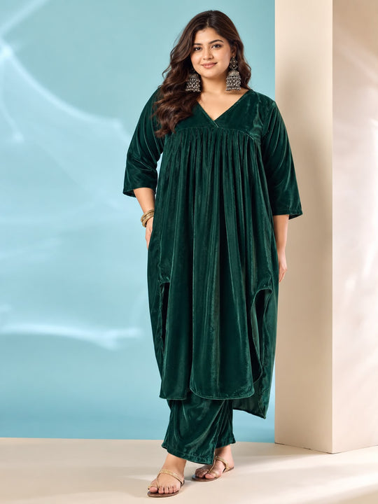 Teal Green Velvet Flared Kurta Set