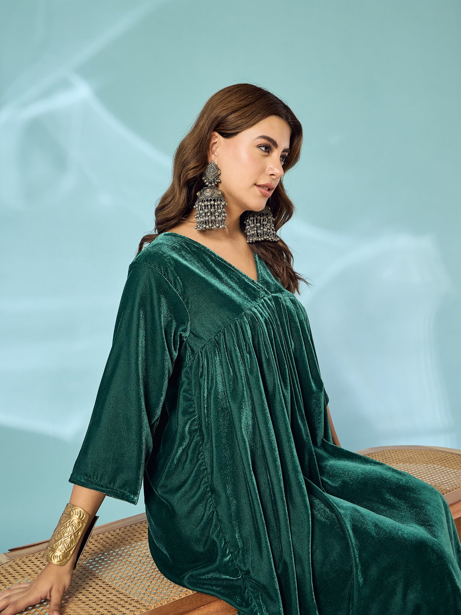 Teal Green Velvet Flared Kurta Set
