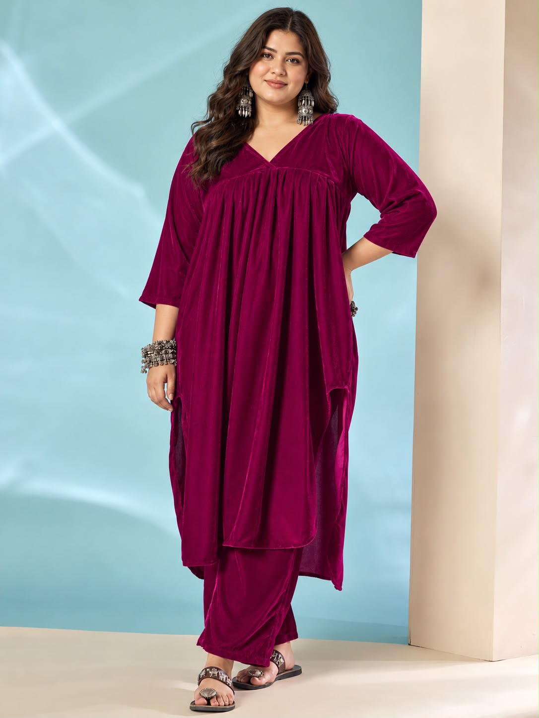Wine Velvet Flared Kurta Set