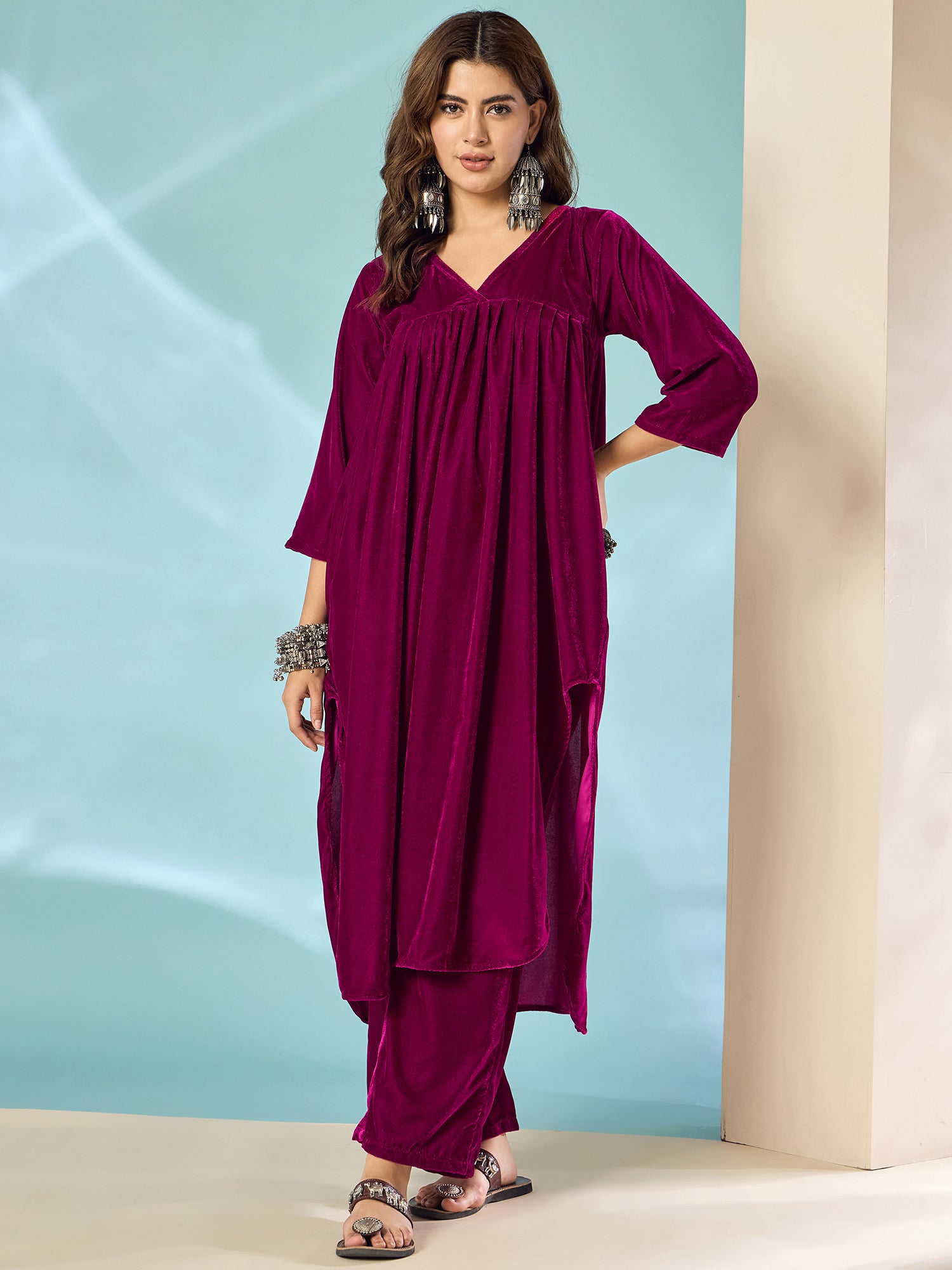 Wine Velvet Flared Kurta Set