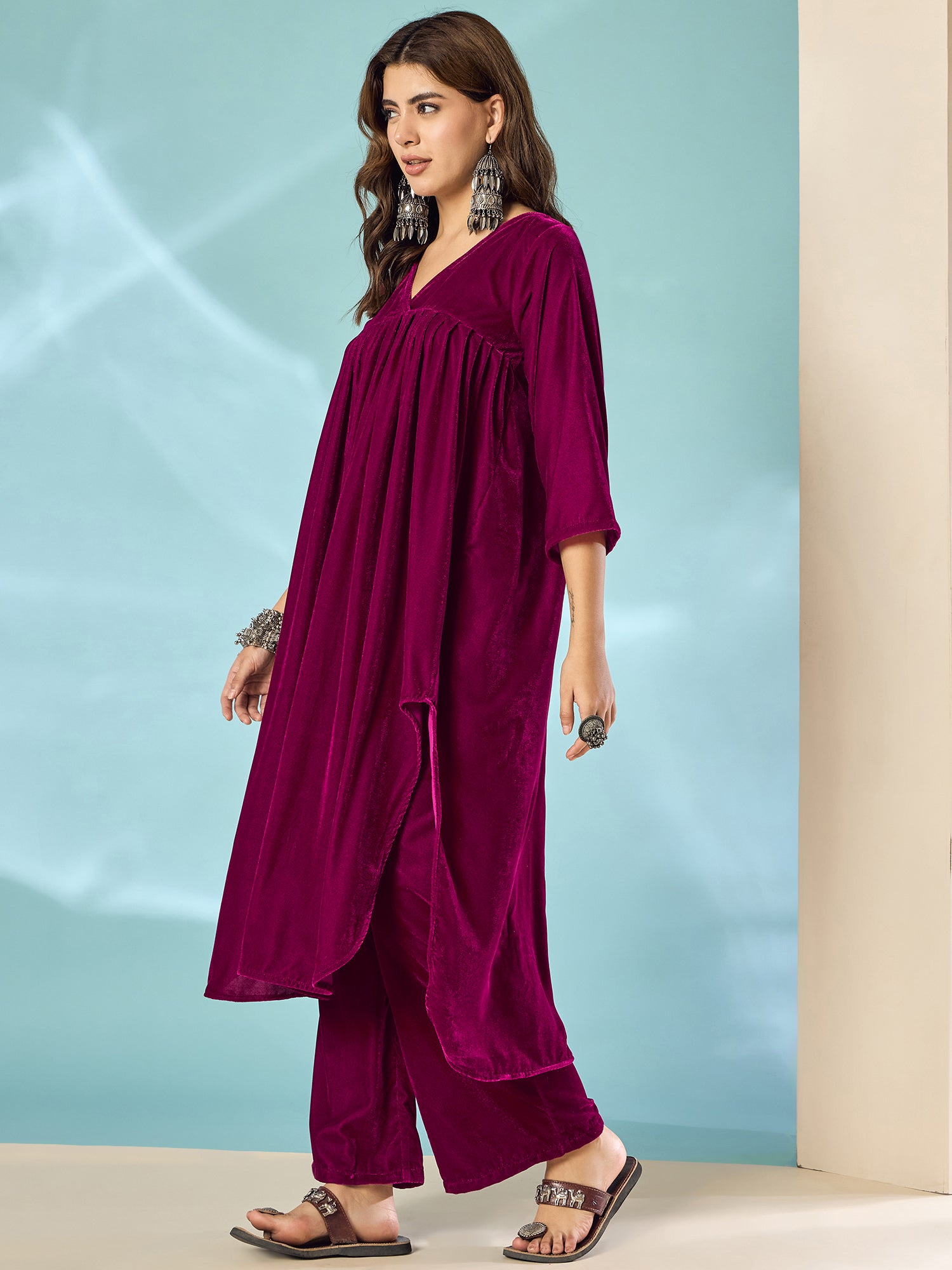 Wine Velvet Flared Kurta Set