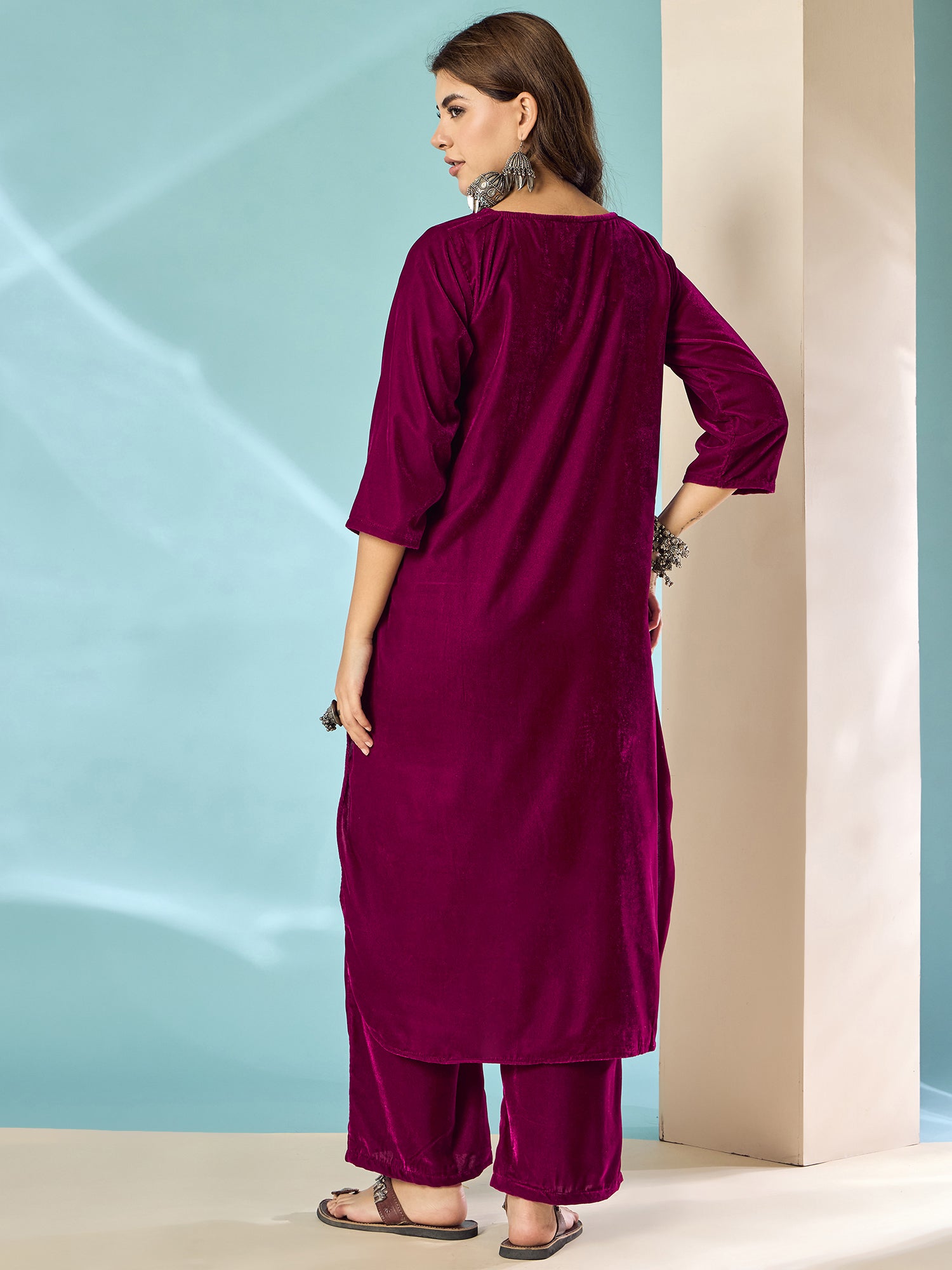 Wine Velvet Flared Kurta Set