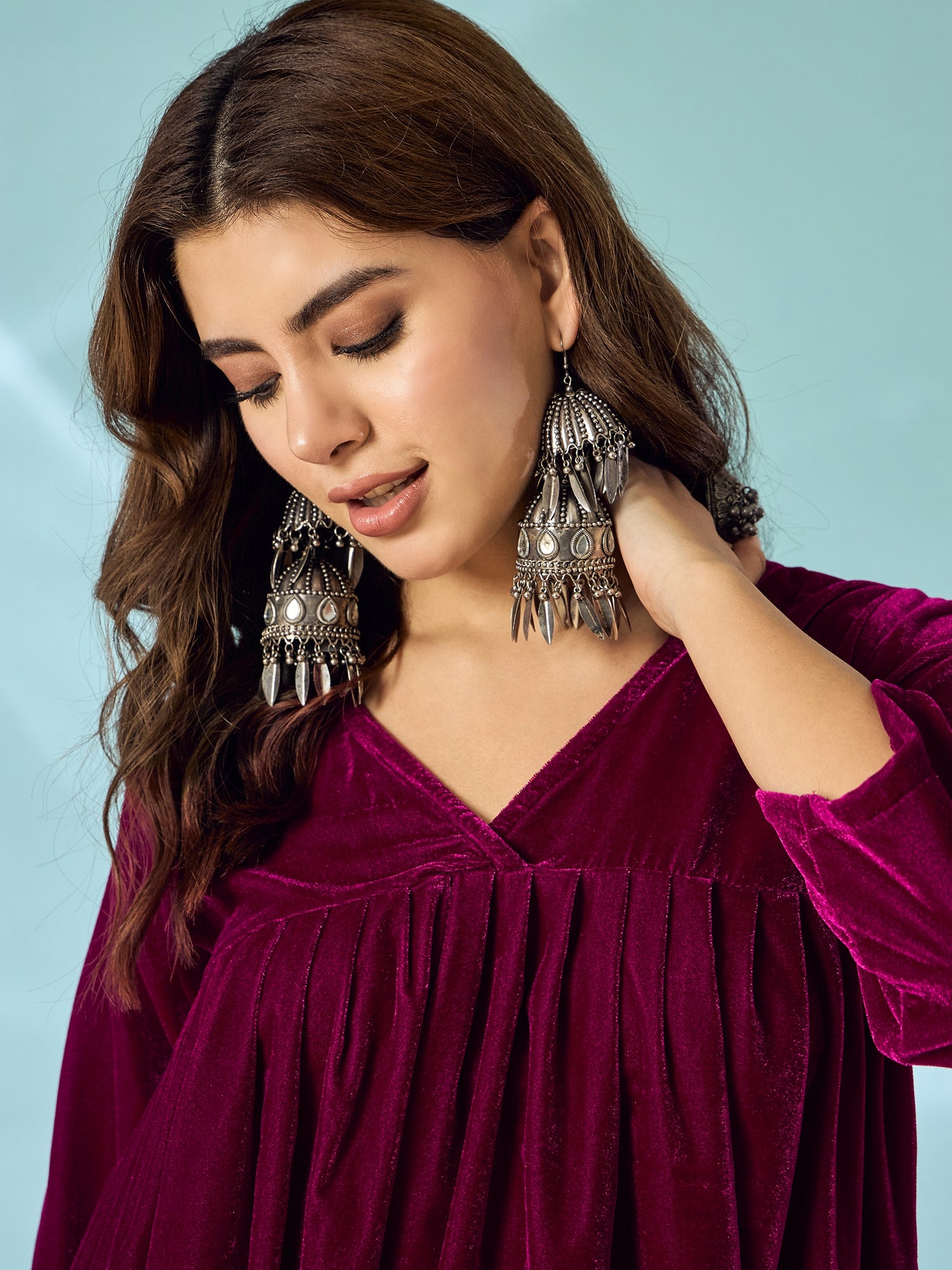 Wine Velvet Flared Kurta Set