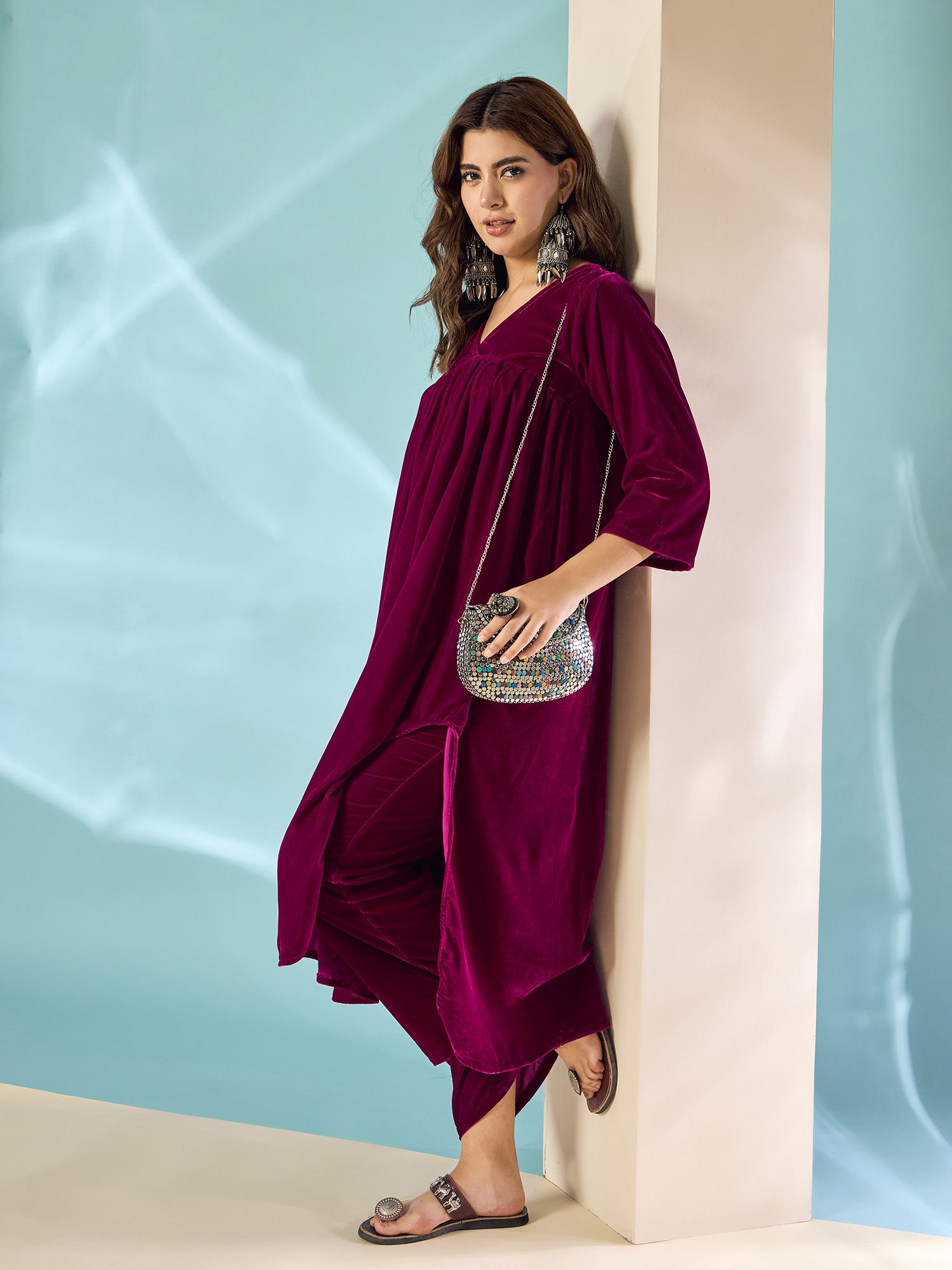 Wine Velvet Flared Kurta Set