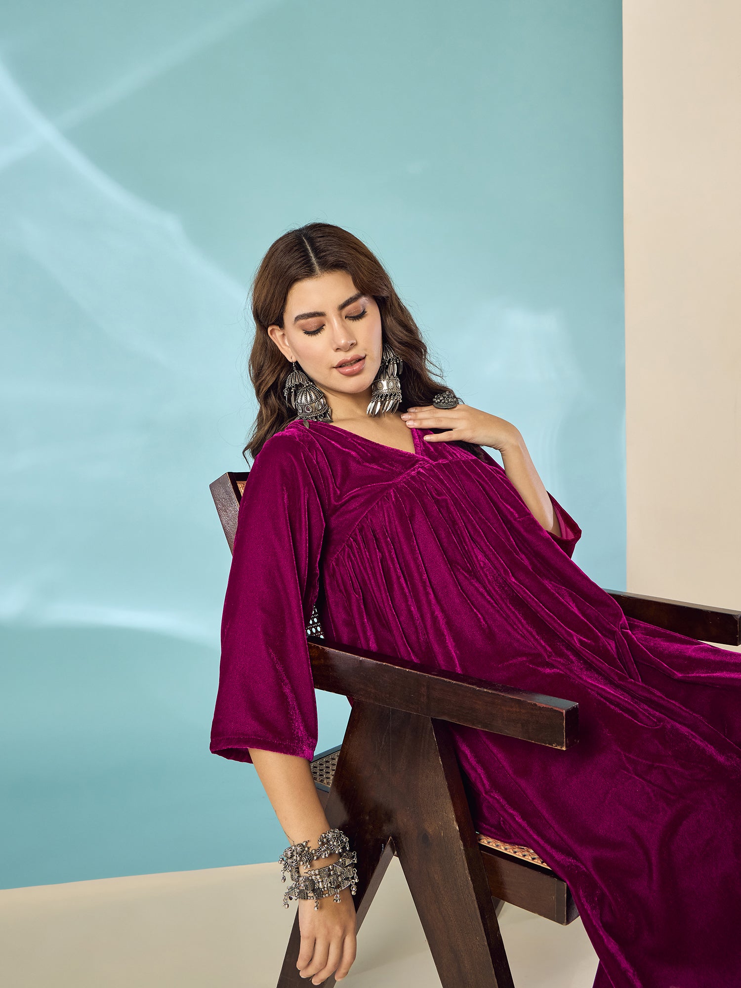 Wine Velvet Flared Kurta Set