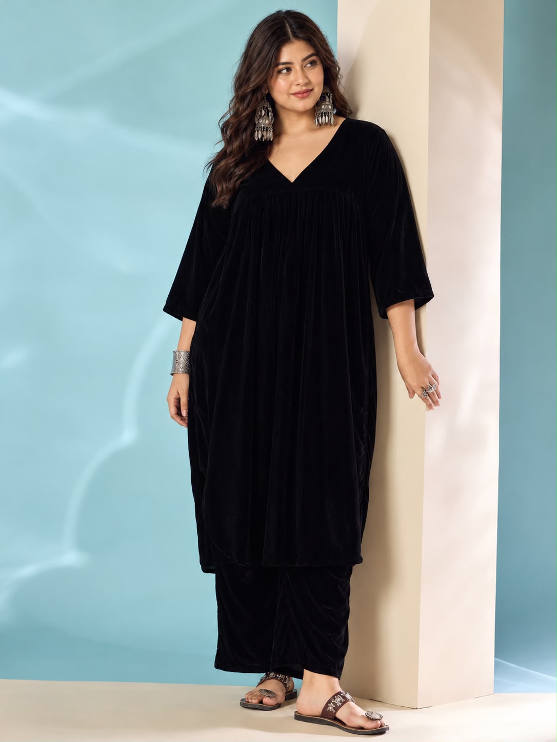 Black Velvet Flared Kurta Set