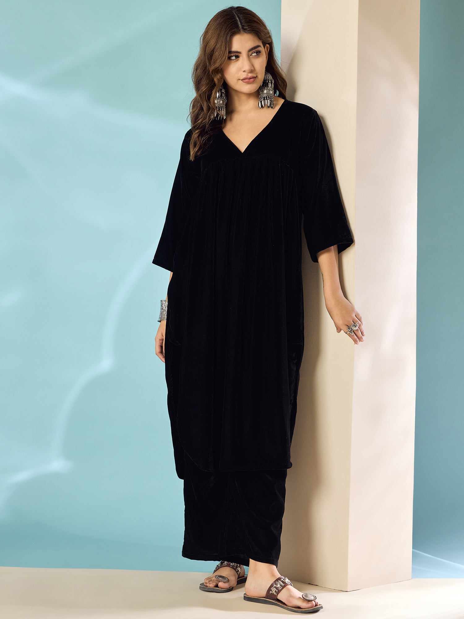 Black Velvet Flared Kurta Set