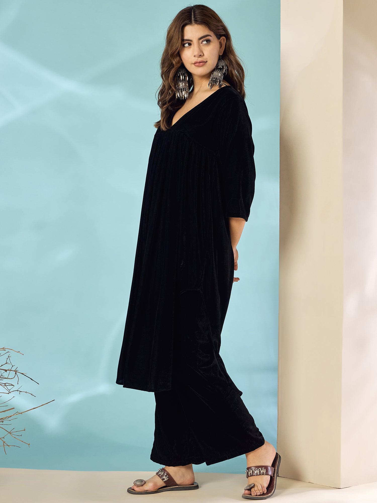 Black Velvet Flared Kurta Set