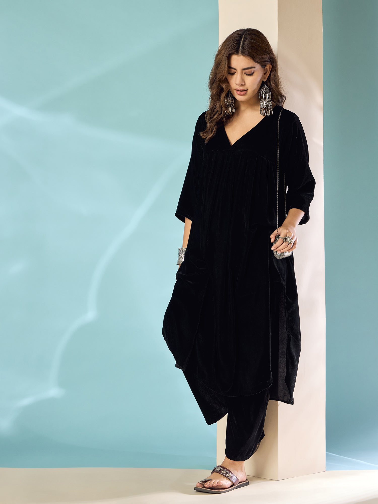 Black Velvet Flared Kurta Set